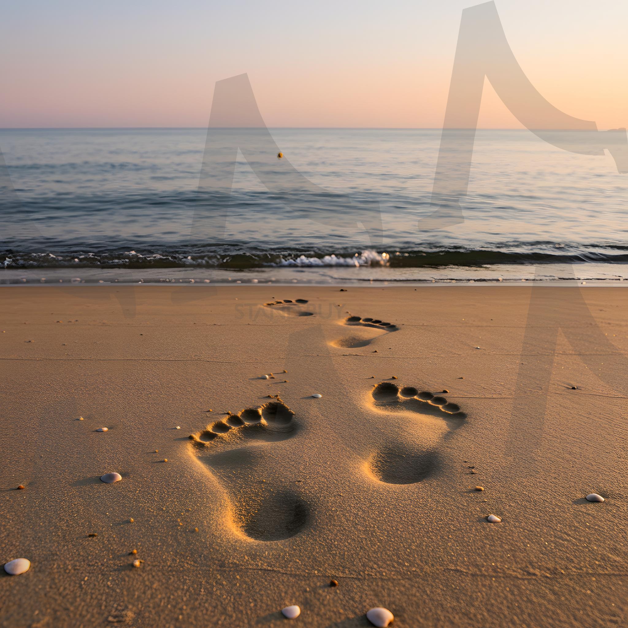 해변가 발자국 | 발자국, 모래, 해변, 해안선, 바닷가, 바다, 해양, 해안, 걷기, 고독, 반영, 평화로운, 여행, 휴가, 여정, 길, 트레일, 걸음, 인간, 맨발, 자연, 경치, 풍경, 질감, 클로즈업, 감성적, 영적인, 평온, 차분함, 따뜻한, 태양, 일몰, 일출, 황금시간, 그림자, 인상, 해변 산책, 고요함, 여름, 낭만적, 영감, 명상, 사랑, 기억, 평화로움, 미니멀리즘, 야외, 부드러운, 자연적인, 분위기, ai | 스탠바이 STANDBUY 디지털 콘텐츠