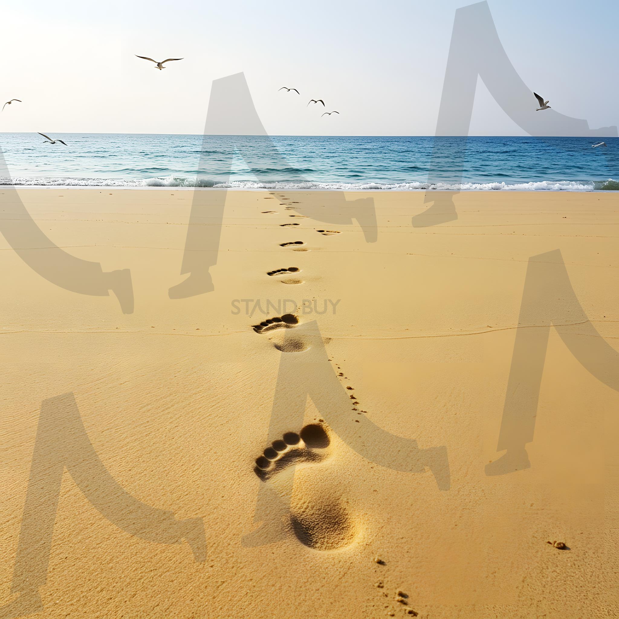 해변가 발자국 | 발자국, 모래, 해변, 해안선, 바닷가, 바다, 해양, 해안, 걷기, 고독, 반영, 평화로운, 여행, 휴가, 여정, 길, 트레일, 걸음, 인간, 맨발, 자연, 경치, 풍경, 질감, 클로즈업, 감성적, 영적인, 평온, 차분함, 따뜻한, 태양, 일몰, 일출, 황금시간, 그림자, 인상, 해변 산책, 고요함, 여름, 낭만적, 영감, 명상, 사랑, 기억, 평화로움, 미니멀리즘, 야외, 부드러운, 자연적인, 분위기, ai | 스탠바이 STANDBUY 디지털 콘텐츠