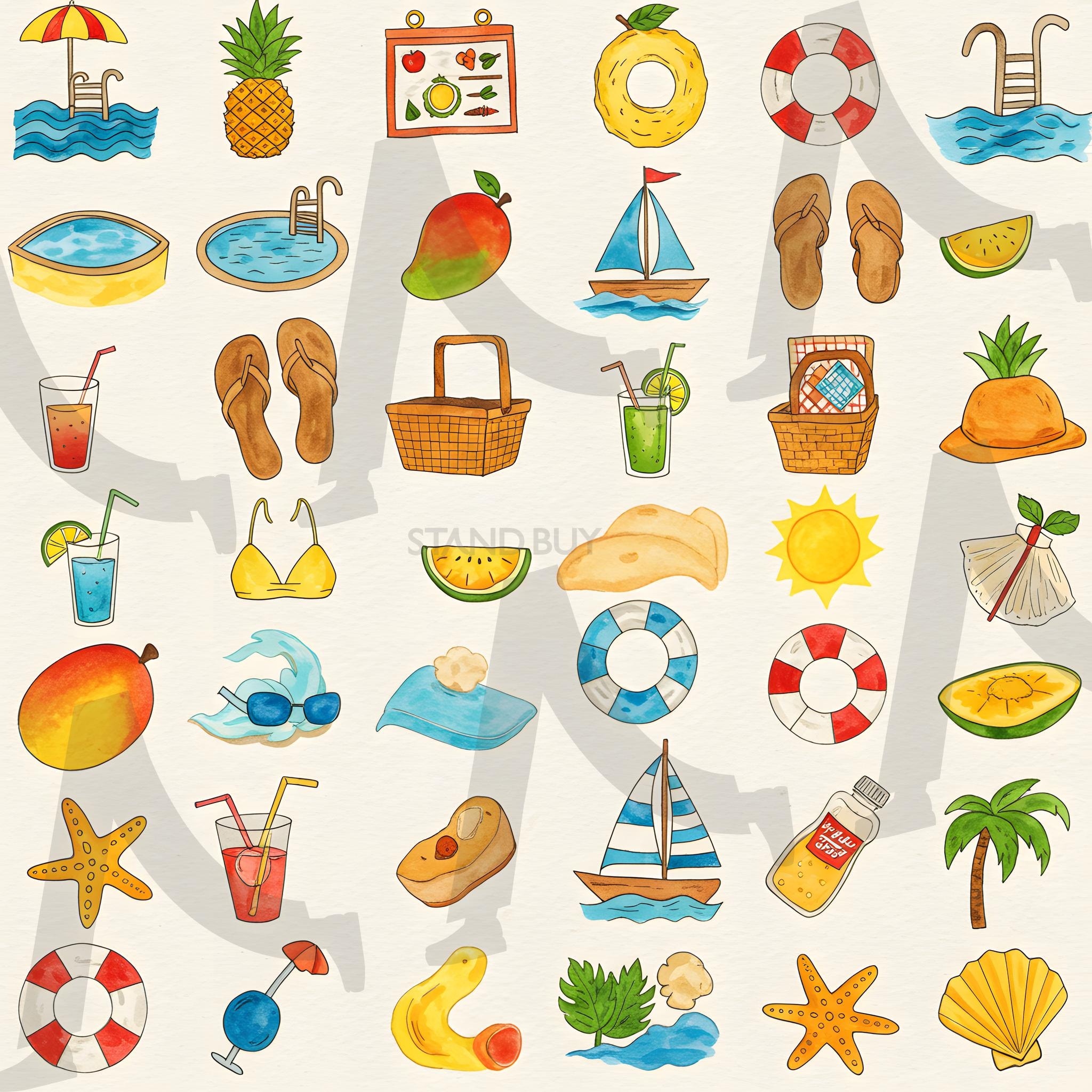 워터컬러 스타일의 여름 아이콘 | 여름, 아이콘, 수채화, 벡터, 열대, 휴가, 해변, 바다, 태양, 야자수, 플립플롭, 아이스크림, 수박, 선글라스, 칵테일, 레모네이드, 서핑보드, 불가사리, 조개껍데기, 우산, 수영복, 여행, 휴일, 맑은 날, 따뜻한, 계절, 휴식, 재미, 다채로운, 예술적, 일러스트, 손으로 그린, 파스텔, 장식적인, 세트, 평면 디자인, 창의적, 그림, 산들바람, 낙원, 상쾌한, 이국적인, 여름철, 미니멀, 그래픽, ai | 스탠바이 STANDBUY 디지털 콘텐츠