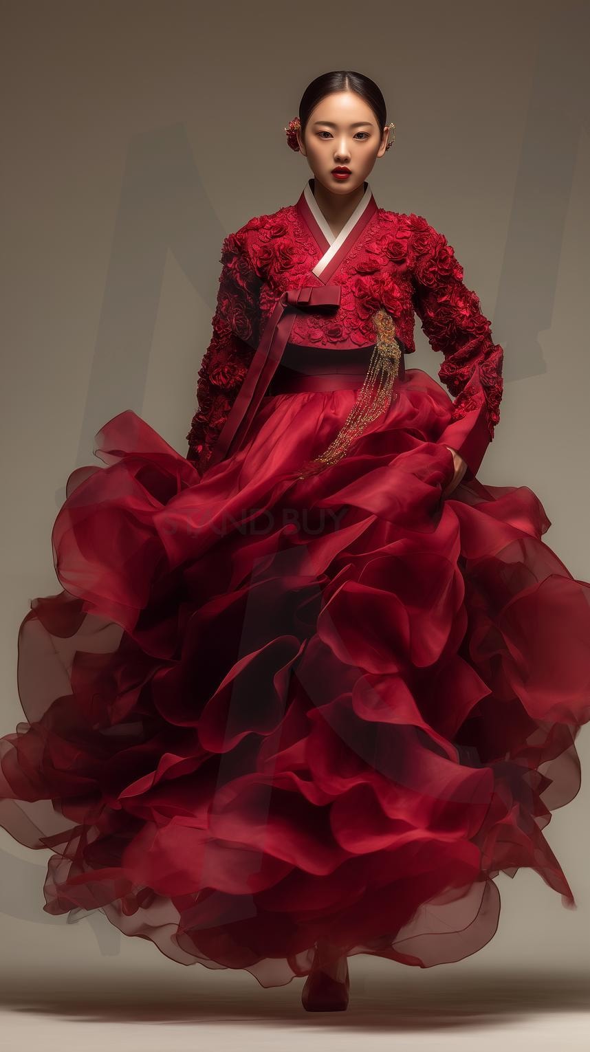 한복 | 한복, 전통의상, 한국, 여성, 드레스, 붉은색, 우아함, 패션, 화려함, 전통문화, 치마, 저고리, 꽃장식, 고전미, 현대한복, 촬영, 모델, 아름다움, 의상디자인, 한복패션, 전통미, 스타일, ai | 스탠바이 STANDBUY 디지털 콘텐츠