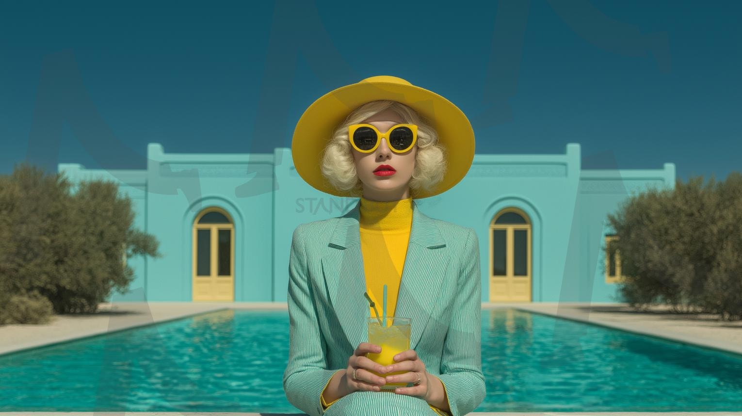 풀장 앞에 서있는 여인 | 비즈니스우먼, 큰선글라스, 모자, 풀장, 작은수영장, 파란저택, 현대건축, 울창한초록, 패션슈트, 레모네이드, 유리잔, 파스텔컬러, 패션사진, 웨스앤더슨스타일, 고해상도, 고화질, 시네마틱, 볼류메트릭라이팅, 하이퍼리얼리즘, 수상사진, 완벽한구도, ai | 스탠바이 STANDBUY 디지털 콘텐츠