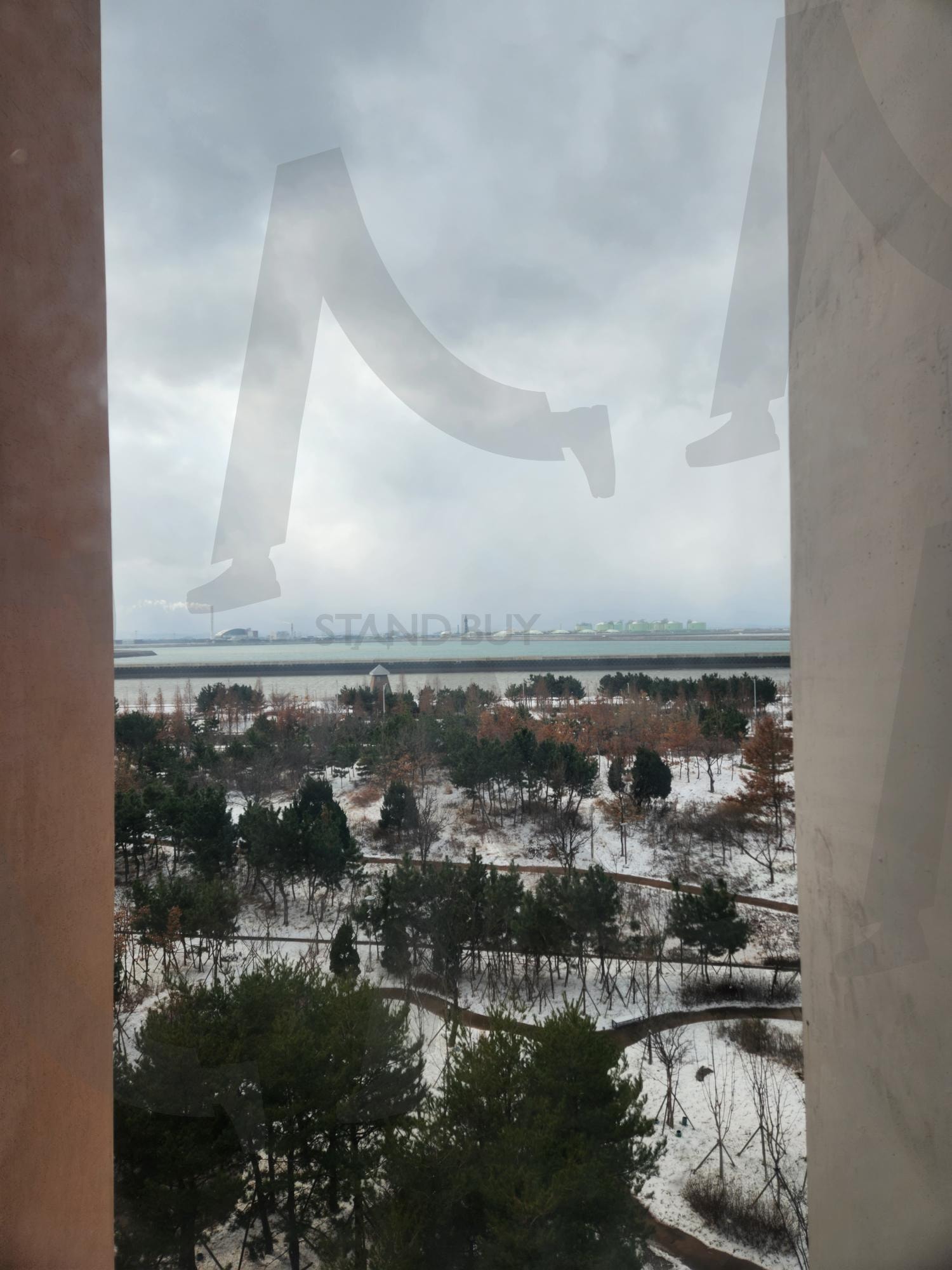 겨울 창밖 풍경: 고요한 숲과 흐린 하늘 | 겨울, 창밖, 눈, 숲, 강변, 흐린하늘, 자연풍경, 고요함, 산책로, 나무, 창틀, 풍경사진, 차분함, 사색, 계절, 휴식, 도시외곽, 감성사진, 겨울숲, 잔잔함 | 스탠바이 STANDBUY 디지털 콘텐츠