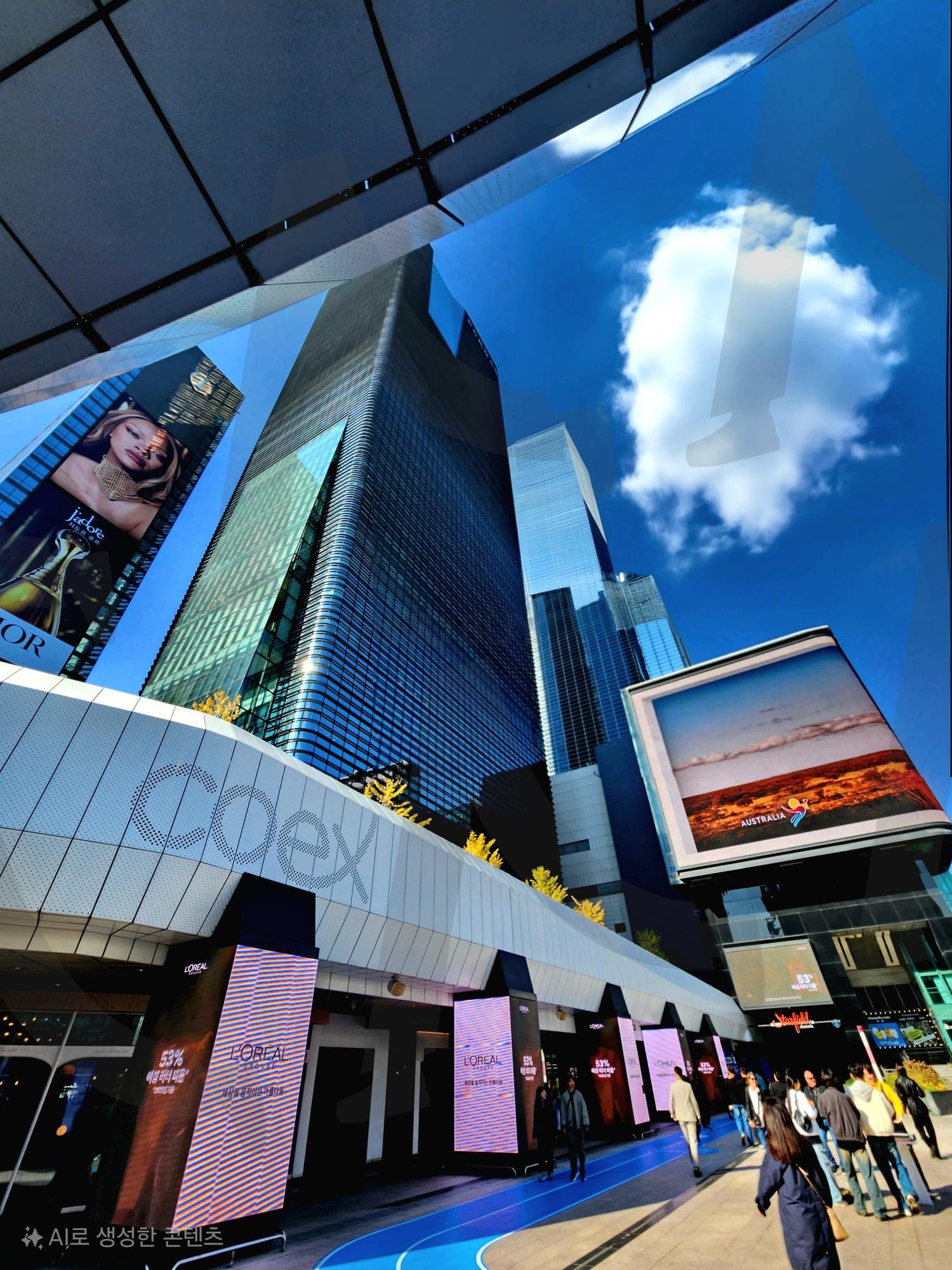 코엑스와 삼성동의 푸른 하늘: 서울 도심의 역동성 | 코엑스, 삼성동, 서울, 도심, 스카이라인, 고층빌딩, 푸른하늘, 광고판, 현대도시, 거리풍경, 여행, 비즈니스, 도시라이프, 대한민국, 아시아도시, 건축사진, 사람들, 쇼핑몰, 랜드마크, 감성사진, 활기찬도시 | 스탠바이 STANDBUY 디지털 콘텐츠