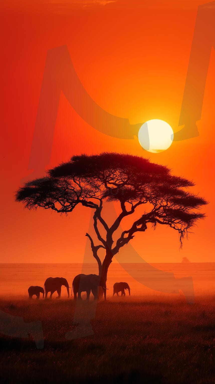 아프리카 사바나 | 아프리카, 사바나, 코끼리, 일몰, 석양, 나무, 아카시아나무, 대자연, 황혼, 실루엣, 야생동물, 가족, 평원, 붉은하늘, 풍경, 여행, 탐험, 자연보호, 햇빛, 아름다움, 초원, 감성, 평화, ai | 스탠바이 STANDBUY 디지털 콘텐츠