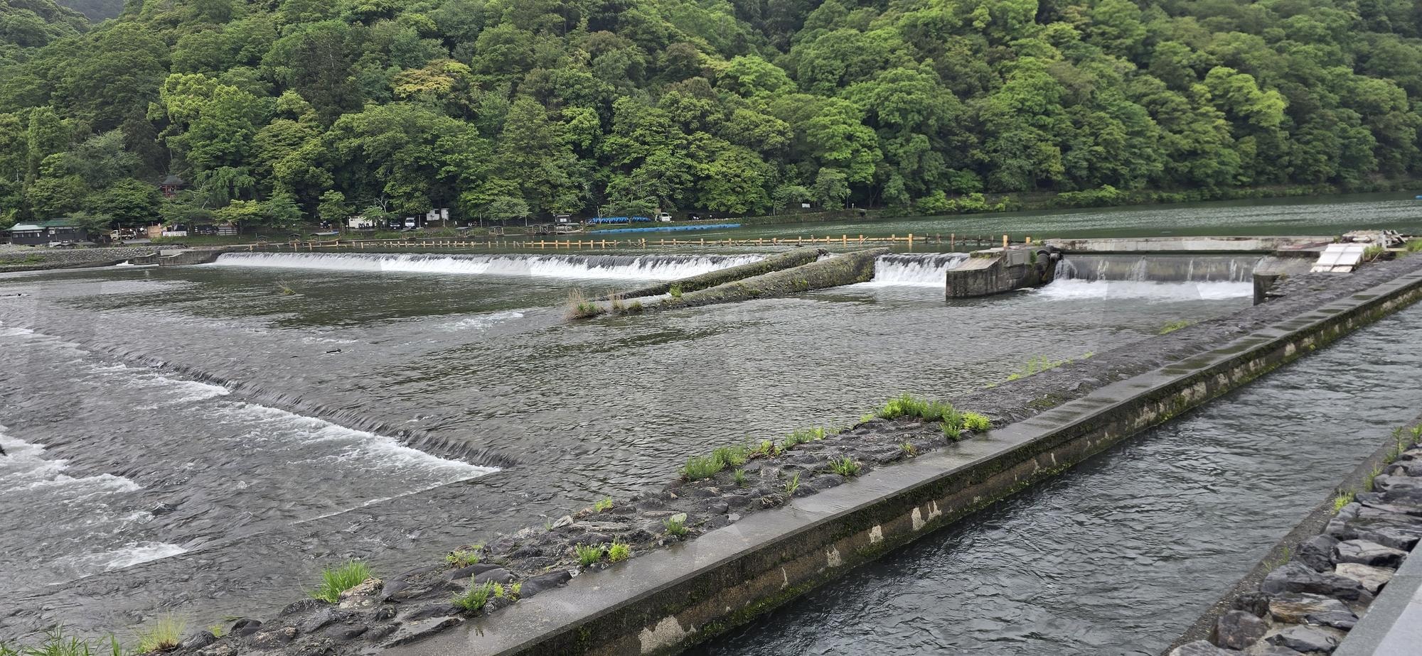 도게츠쿄 아래 흐르는 물길 | 도게츠쿄 수로 풍경, 아라시야마 강가, 교토 물의 흐름, 일본 전통 수공간, 물과 초록의 조화, Katsura River Weir near Togetsukyo, arashiyama | 스탠바이 STANDBUY 디지털 콘텐츠