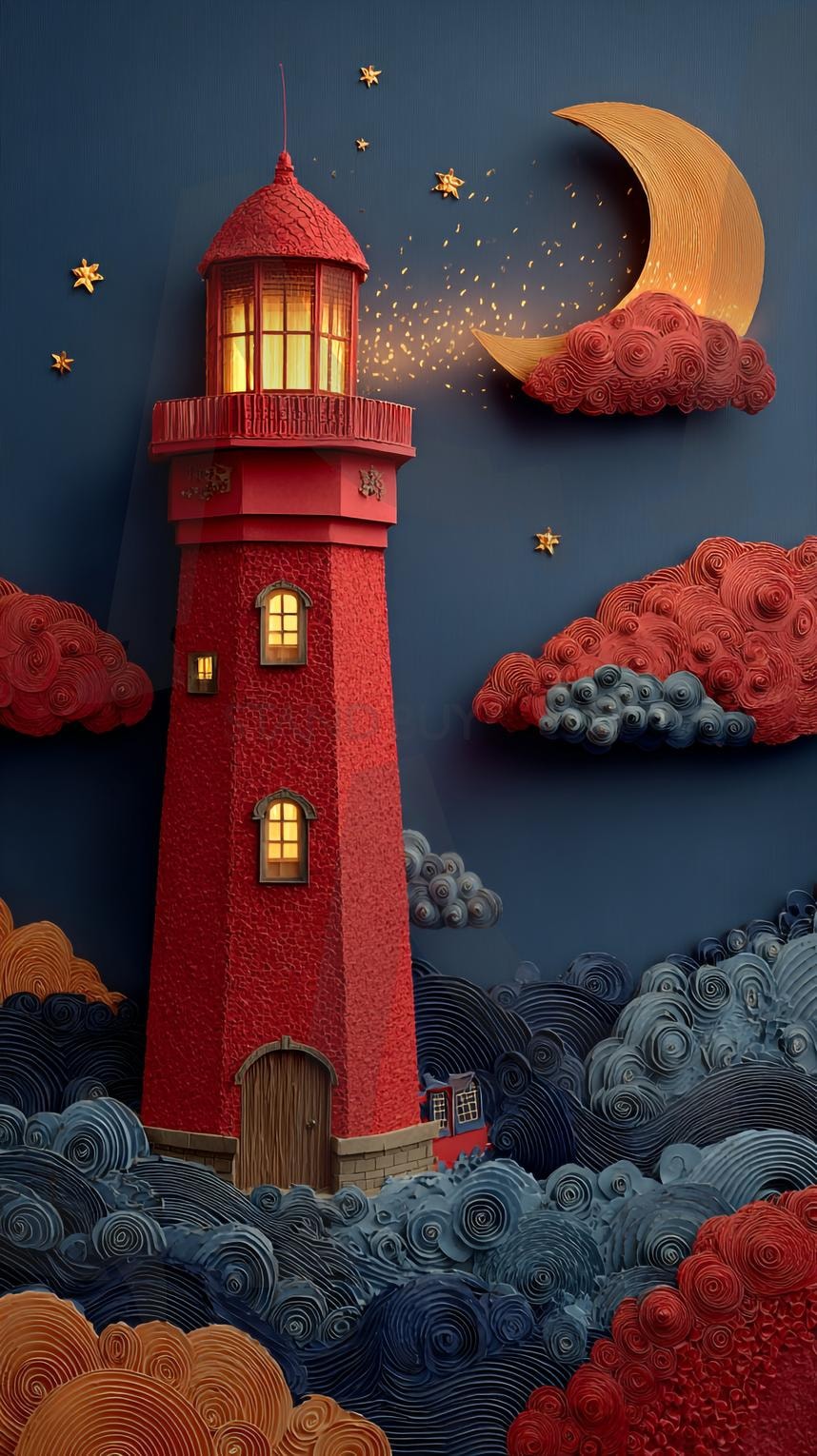 빨간 등대 | 등대, 빨간등대, 밤하늘, 달, 구름, 별, 파도, 바다, 불빛, 조명, 환상적, 동화, 일러스트, 꿈, 상상력, 창의력, 신비로움, 평화로움, 어둠, 풍경, ai | 스탠바이 STANDBUY 디지털 콘텐츠