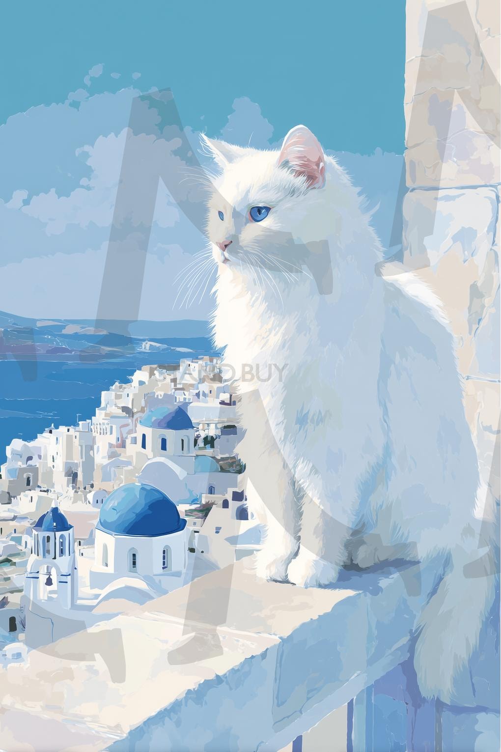 앙고라 고양이 | 고양이, 흰고양이, 파란눈, 산토리니, 그리스, 바다, 하늘, 파란지붕, 건축물, 풍경, 여행, 휴양지, 그림, 일러스트, 벽, 전망, 햇빛, 여름, 아름다움, 평화로움, 동물, 도시, ai | 스탠바이 STANDBUY 디지털 콘텐츠