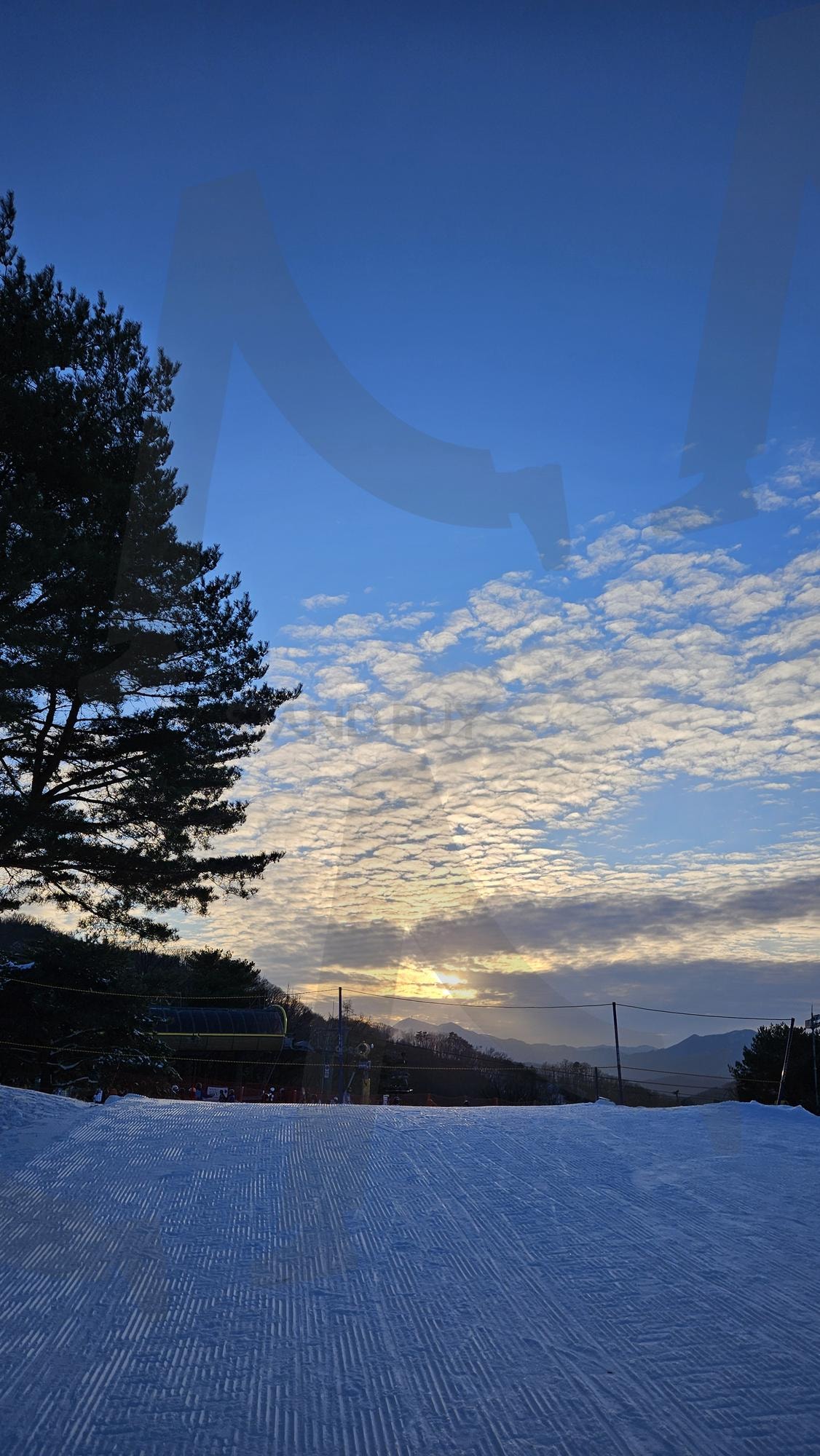 Golden Light over Groomed Snow | winter, sunset, ski, snow, blue sky, peaceful, landscape, resort, Golden, cold | 스탠바이 STANDBUY 디지털 콘텐츠