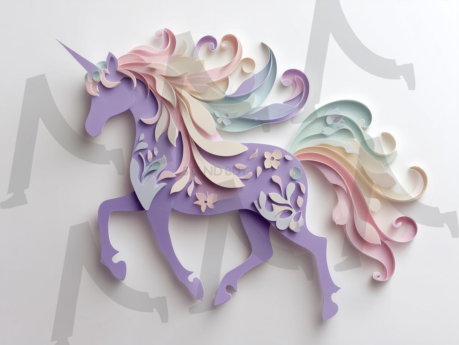 유니콘 | 유니콘, 판타지, 동화, 종이아트, 페이퍼아트, 파스텔톤, 보라색, 무지개, 말, 상상력, 꿈, 장식, 귀여움, 아트웍, 일러스트, 어린이, 동물, 화려함, 마법, 창의력, 부드러움, 신비함, ai | 스탠바이 STANDBUY 디지털 콘텐츠
