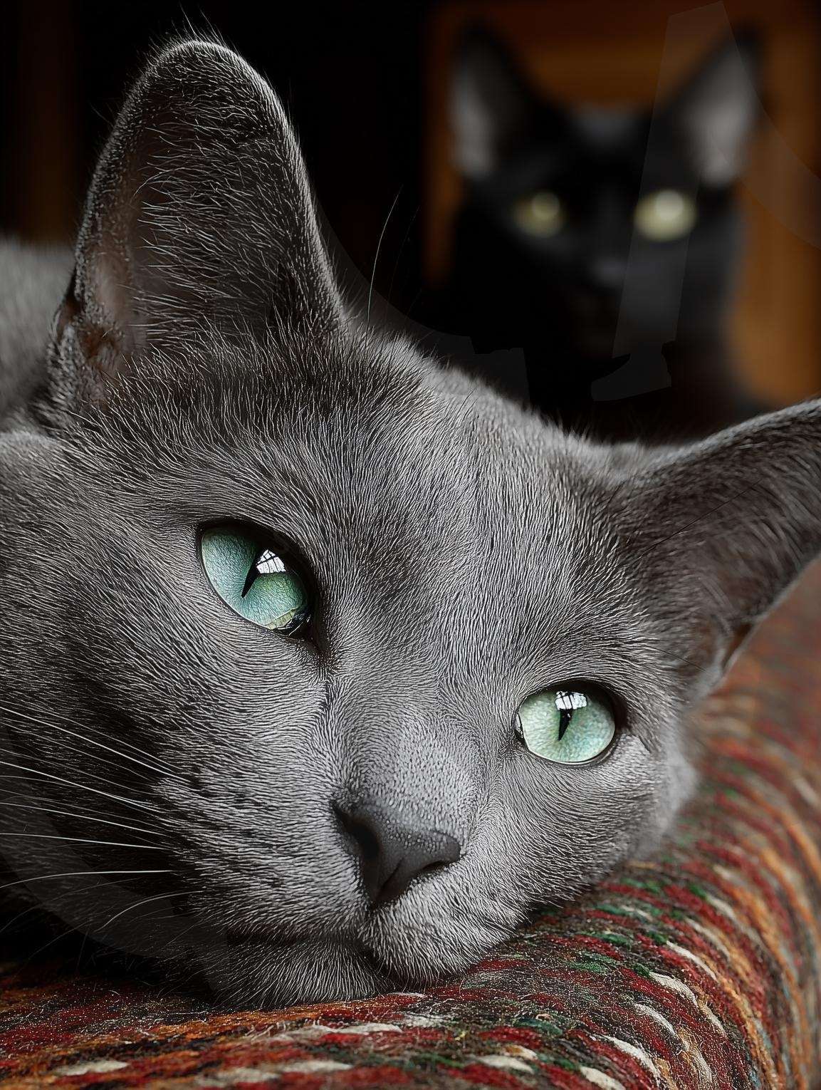 러시안블루 | 러시안블루, 검은고양이, 고양이, 반려동물, 녹색눈, 털, 클로즈업, 휴식, 소파, 두마리, 실내, 애완동물, 포근함, 평온함, 신비로움, 집중, 감성, 동물사진, 자연광, 고요함, 친밀감, 관찰, ai | 스탠바이 STANDBUY 디지털 콘텐츠