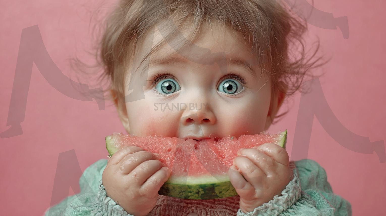 수박을 맛있게 먹는 아이 | 아기, 수박, 과일, 먹는 모습, 어린이, 손, 귀여움, 분홍 배경, 실내, 자연광, 건강, 여름, 음식, 촉촉함, 싱그러움, 즐거움, 호기심, 성장, 무공해, 순수함, 일상, 행복, ai | 스탠바이 STANDBUY 디지털 콘텐츠