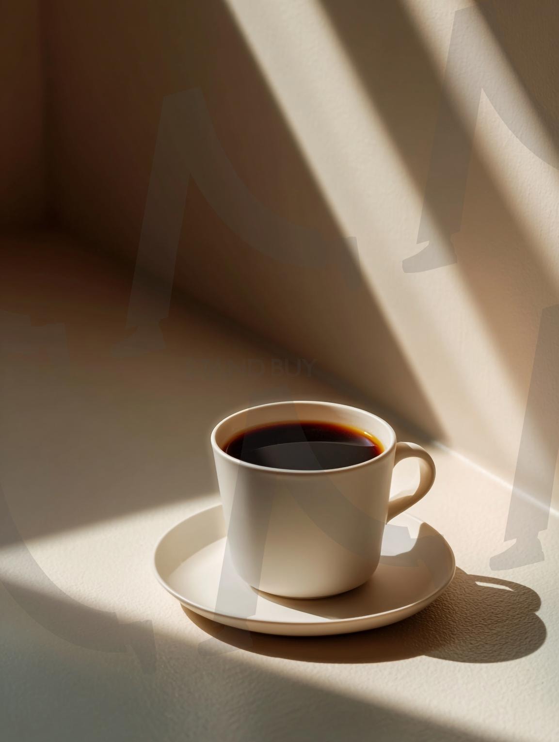 커피 한잔 | 커피, 커피잔, 머그컵, 블랙커피, 따뜻한 음료, 아메리카노, 컵받침, 햇살, 그림자, 미니멀리즘, 심플, 여유, 휴식, 아침, 카페, 인테리어, 분위기, 고요함, 자연광, 따뜻함, 공간, 정적, ai | 스탠바이 STANDBUY 디지털 콘텐츠