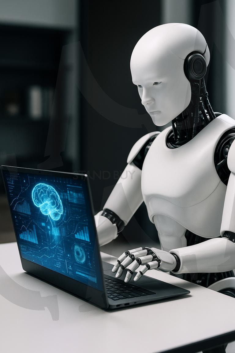 휴머노이드 로봇이 사람 대신 작업을 하고 있는 로보트 미래 기술혁신 모습 | 로보토, 로봇, 휴머노이드, 미래로봇, 미래작업, 인간대신작업, 인간대신, ai | 스탠바이 STANDBUY 디지털 콘텐츠