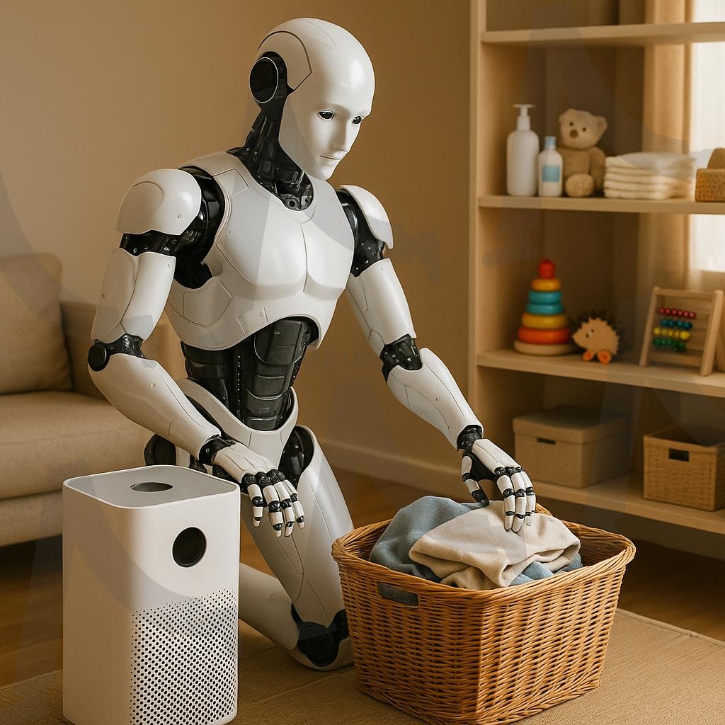휴머노이드 로봇이 사람 대신 집안일을 하고 있는 미래 기술혁신 모습 | 휴머노이드, 집안일로봇, 가사일하는로봇, 미래집, 미래집안일, ai | 스탠바이 STANDBUY 디지털 콘텐츠