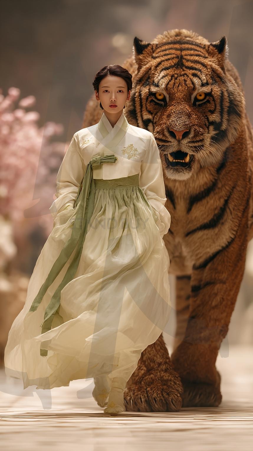 한복 그리고 호랑이 | 한복, 호랑이, 전통의상, 한국, 여성, 동물, 용맹함, 한국문화, 자연, 강인함, 조화, 전통미, 아름다움, 민족의상, 배경흐림, 봄, 꽃, 상징, 역사, 패션, 신비로움, 웅장함, ai | 스탠바이 STANDBUY 디지털 콘텐츠