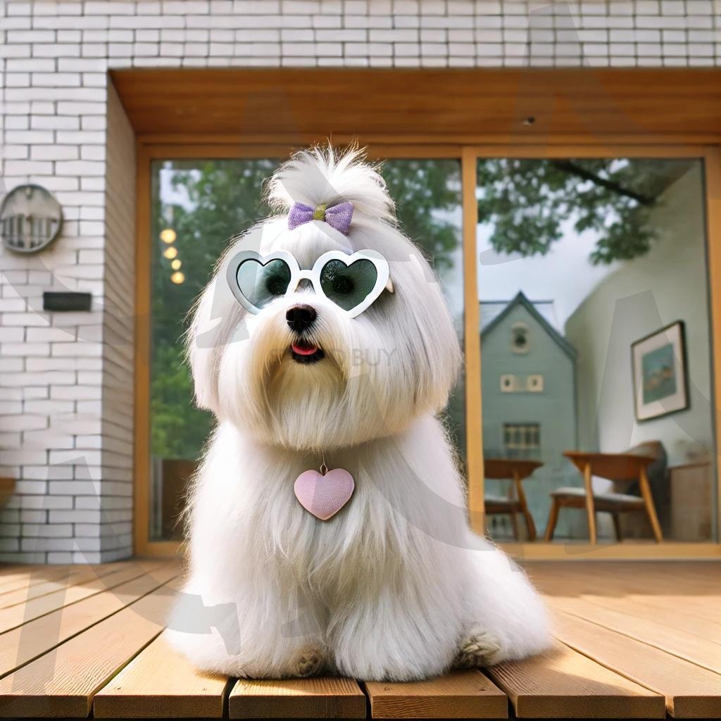 하트 선글라스 여신, 마당을 지배하다 | 강아지 패션 (狗狗时尚 / dog fashion), 선글라스 강아지 (戴墨镜的狗 / dog with sunglasses), 귀여운 강아지 (可爱的小狗 / cute puppy), 하트 목걸이 (爱心项链 / heart necklace), 보송보송 털 (毛茸茸的毛 / fluffy fur), 애완동물 스타일링 (宠物造型 / pet styling), 럭셔리 강아지 (奢华小狗 / luxury dog), 마당에서 포즈 (在院子里摆姿势 / posing in the yard), 9. 꼬동 드 튤레아 (古董杜雷亚犬 / Coton de Tuléar) | 스탠바이 STANDBUY 디지털 콘텐츠