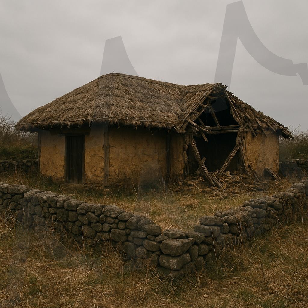 무너진 과거의 추억(memories of the past that collapsed) | 초가집, 무너진, 돌답, 과거, thatched house, collapsed, Past, stone wall, ai | 스탠바이 STANDBUY 디지털 콘텐츠
