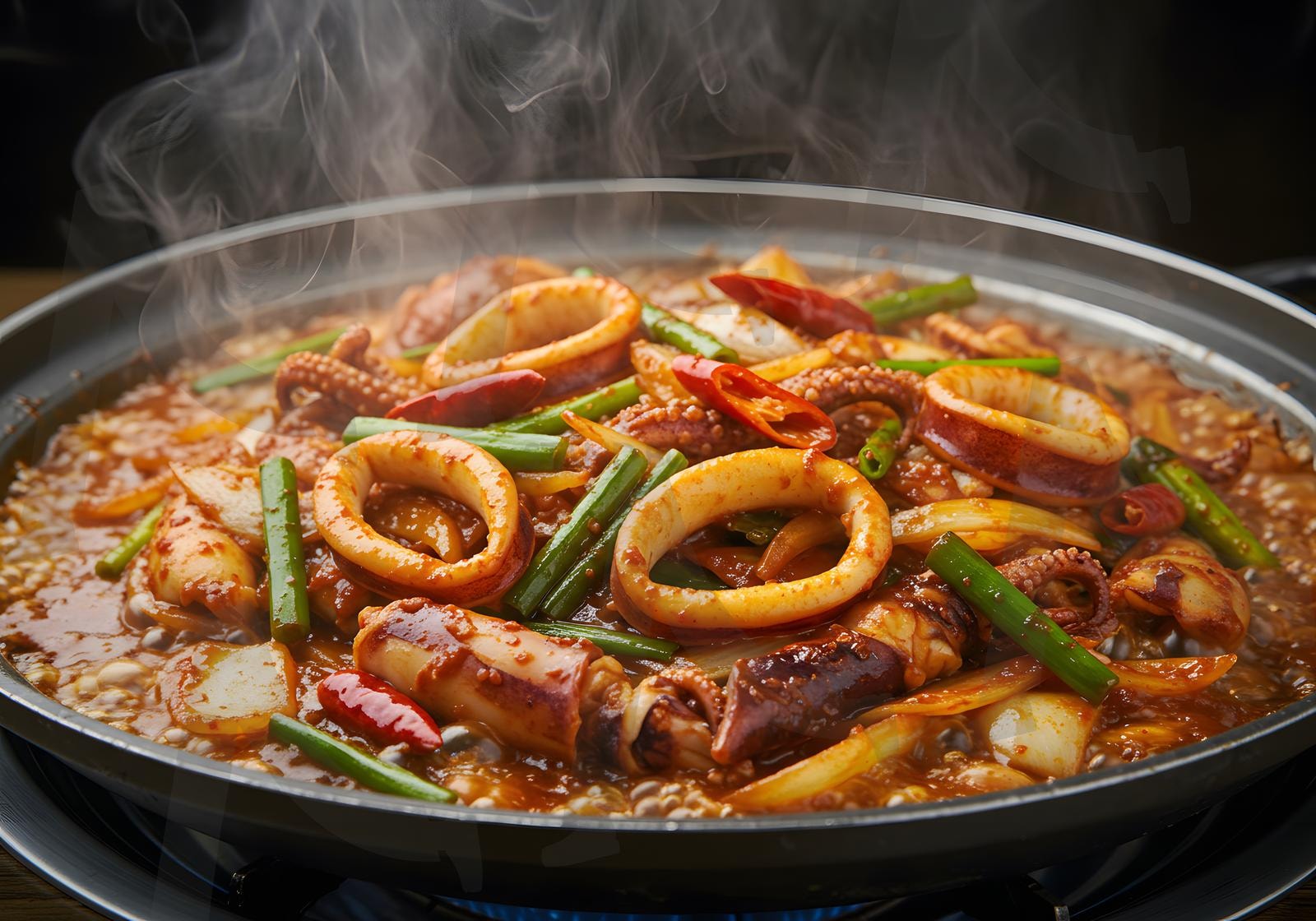 뜨거운 팬에 야채와 함께 볶은 한국식 매콤한 오징어 | 오징어, 음식, 해산물, 오징어 볶음, 매콤한, 매운맛, 볶음, 요리, 식사, 술안주, ai | 스탠바이 STANDBUY 디지털 콘텐츠