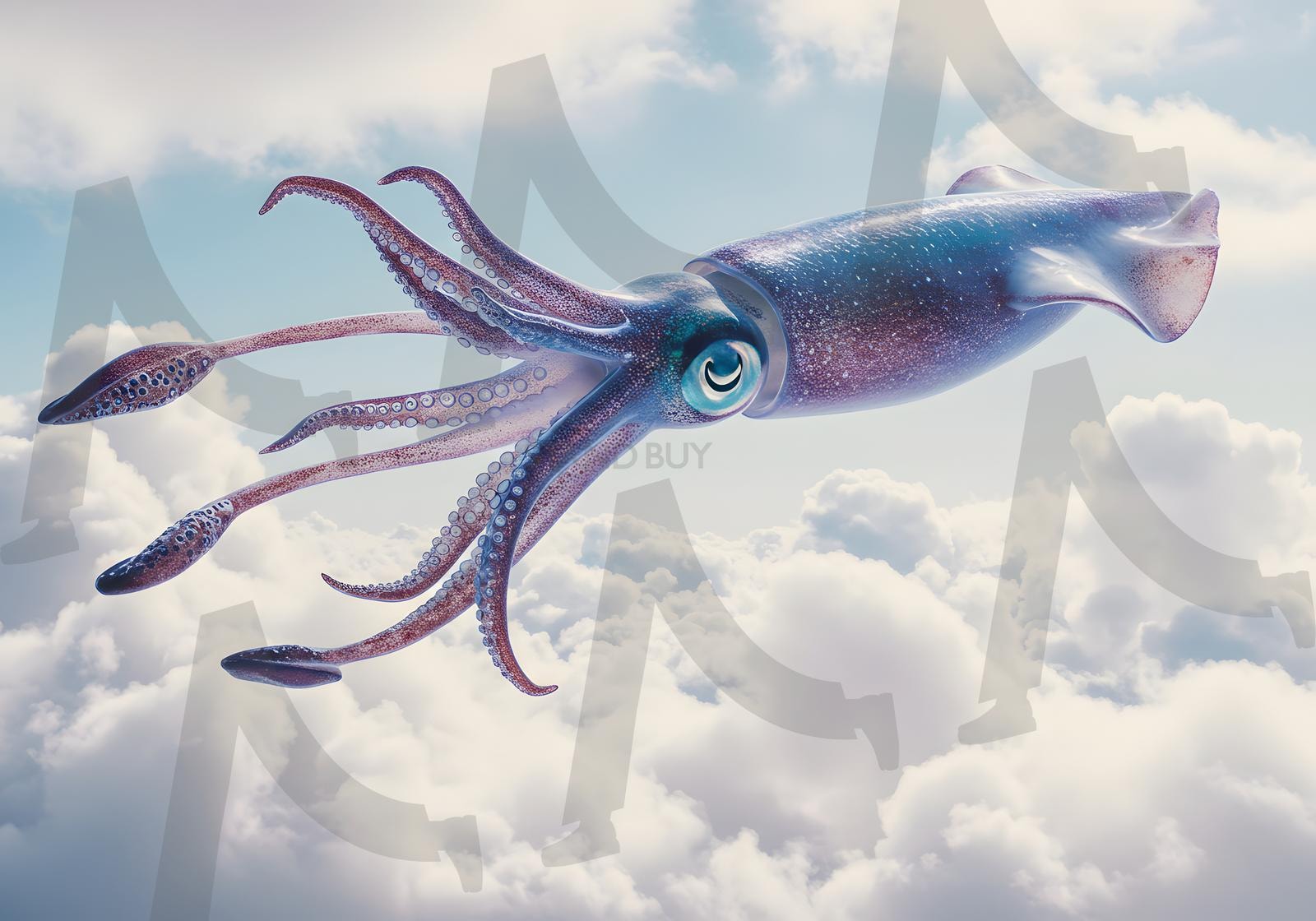구름 사이 하늘에 떠 있는 거대 오징어, 초현실적 판타지 스타일 | 오징어, 판타지, 상상, 독특함, 구름, 하늘, 마법, 창의적, 생물, ai | 스탠바이 STANDBUY 디지털 콘텐츠