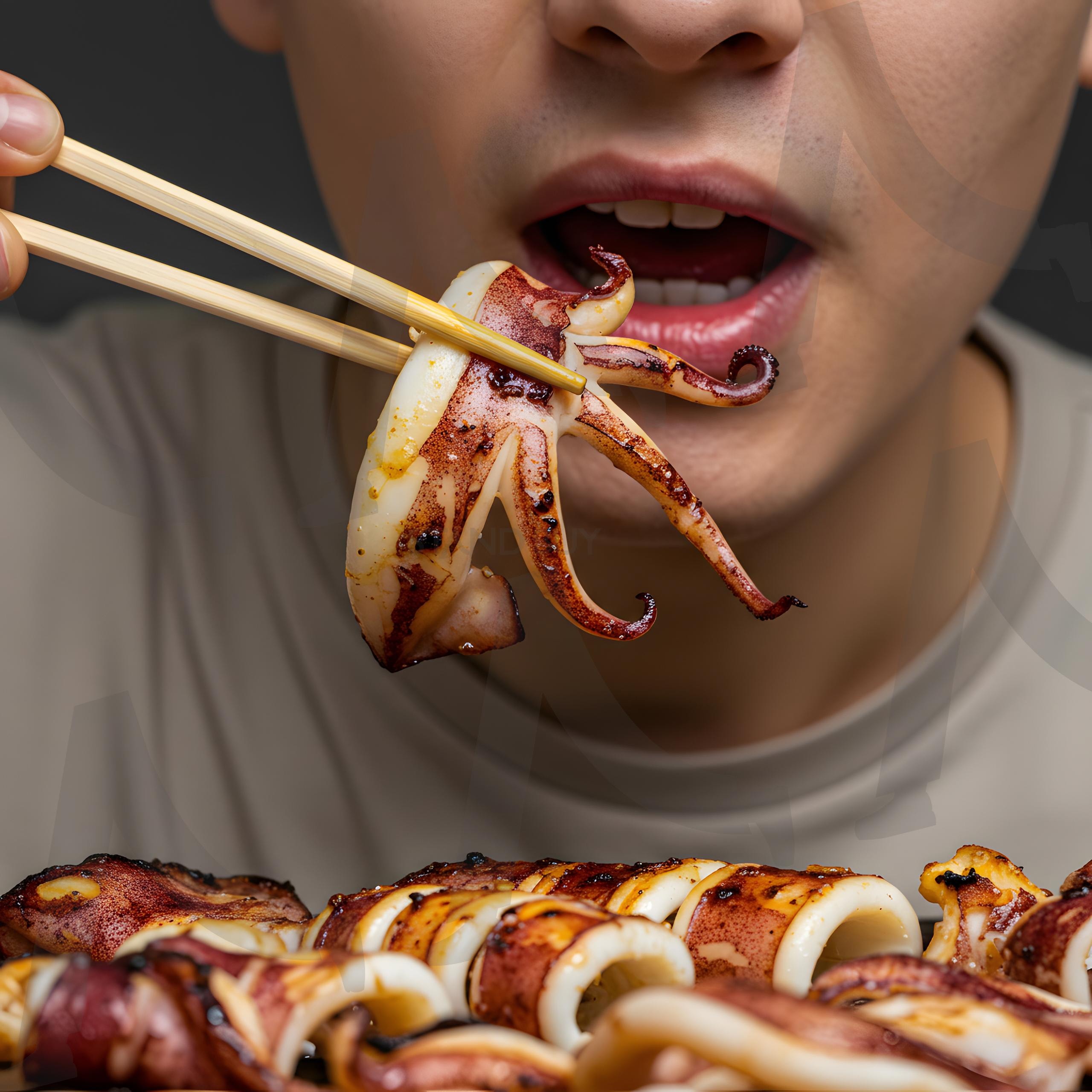 젓가락으로 구운 오징어를 먹는 사람, 클로즈업 한 입 | 오징어, 해산물, 음식, 먹기, 구이, 한입, 사람, 요리, 술안주, 식사, ai | 스탠바이 STANDBUY 디지털 콘텐츠