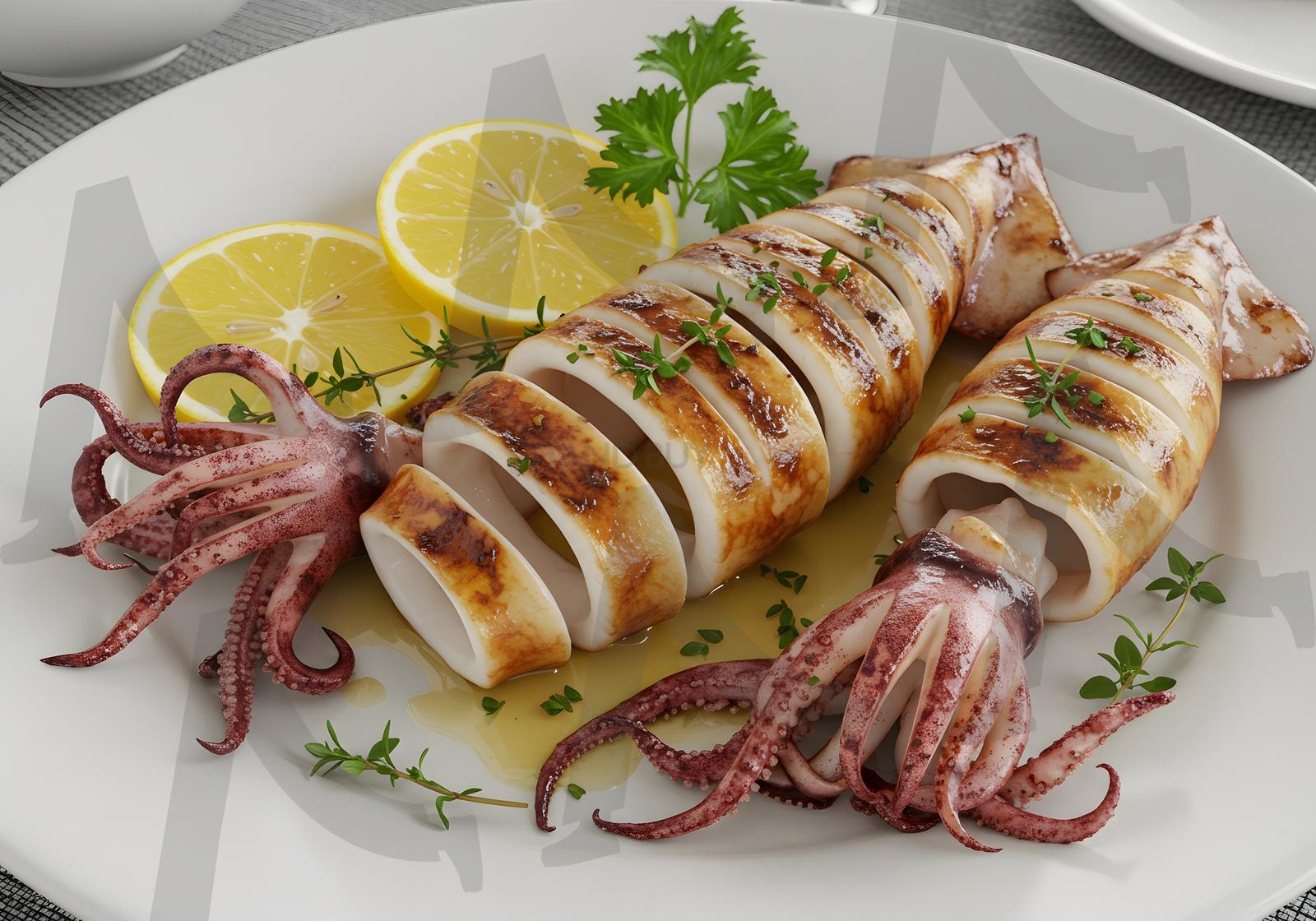 레몬과 허브를 곁들인 접시에 담긴 탄 자국이 있는 구운 오징어, | 오징어, 오징어구이, 통오징어, 오징어 찜, 음식, 요리, 해산물, 식사, ai | 스탠바이 STANDBUY 디지털 콘텐츠