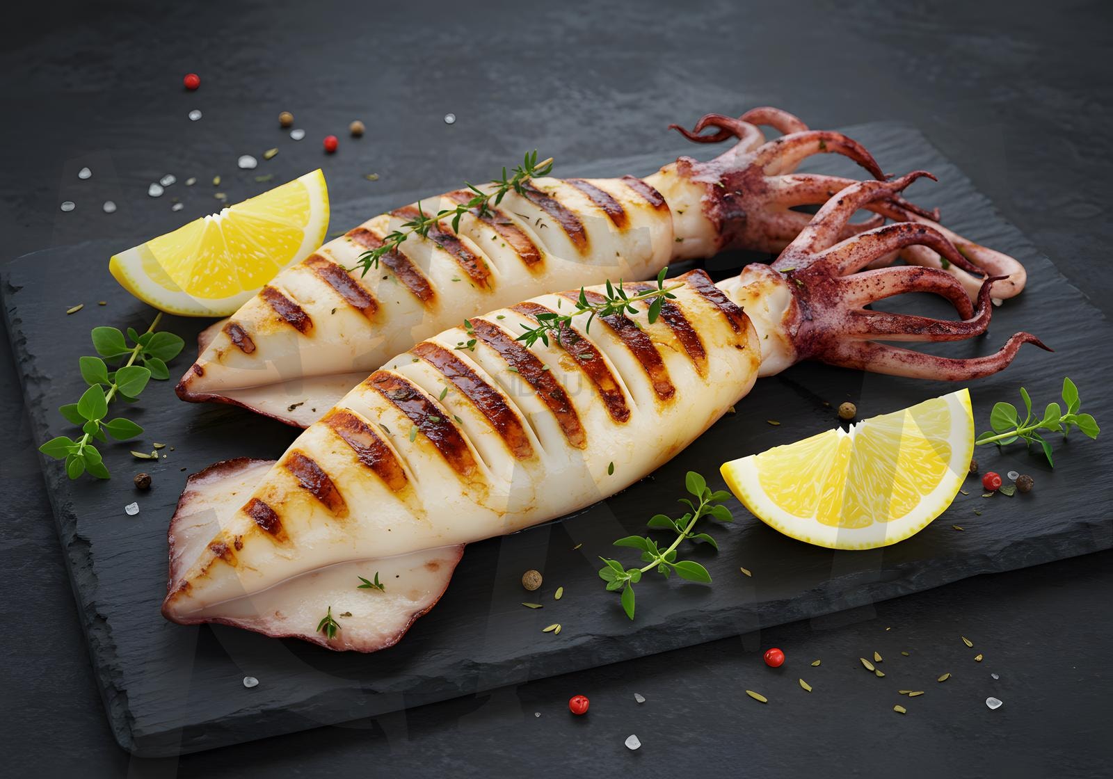 레몬과 허브를 곁들인 접시에 담긴 탄 자국이 있는 구운 오징어 | 오징어, 해산물, 통오징어, 오징어 찜, 음식, 요리, 수산물, 식사, 술안주, ai | 스탠바이 STANDBUY 디지털 콘텐츠