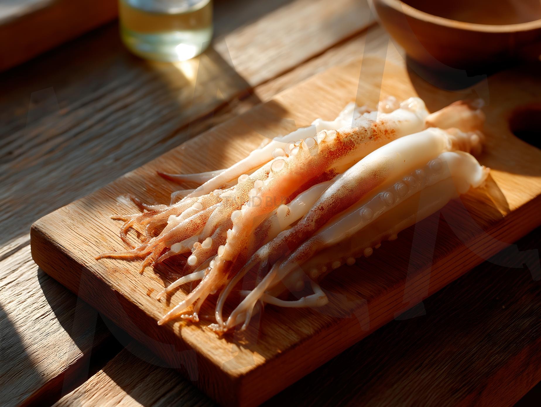 레몬과 허브를 곁들인 접시에 담긴 탄 자국이 있는 구운 오징어 | 오징어, 해산물, 요리, 음식, 구이, 오징어 다리, 식사, 술 안주, 맛있는, ai | 스탠바이 STANDBUY 디지털 콘텐츠