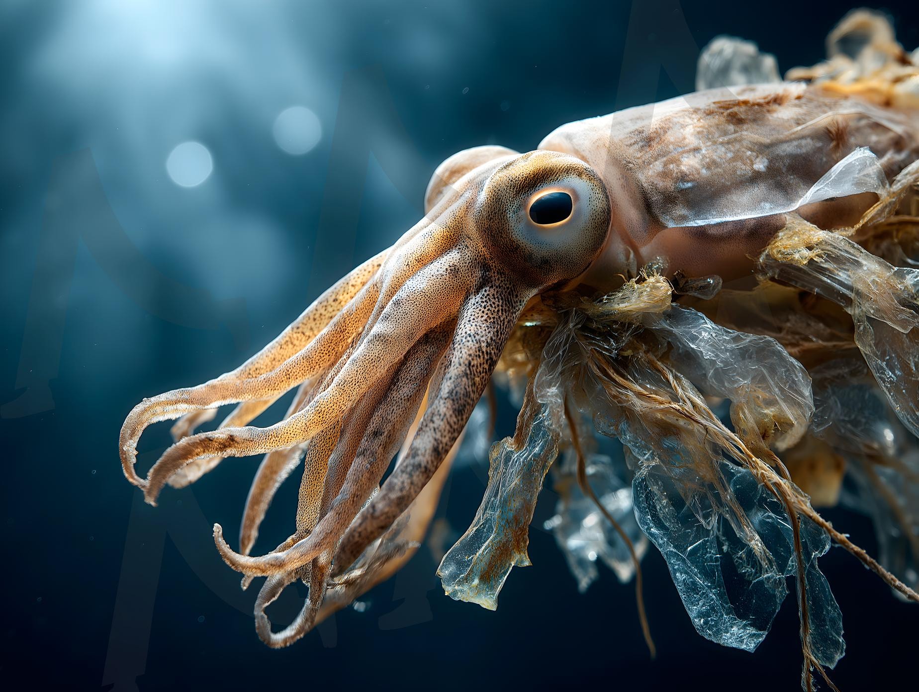 플라스틱 쓰레기에 얽힌 오징어, 오염된 바다 | 오징어, 해산물, 플라스틱, 쓰레기, 오염, 바다, 환경, 폐기물, 해양, 비닐, ai | 스탠바이 STANDBUY 디지털 콘텐츠