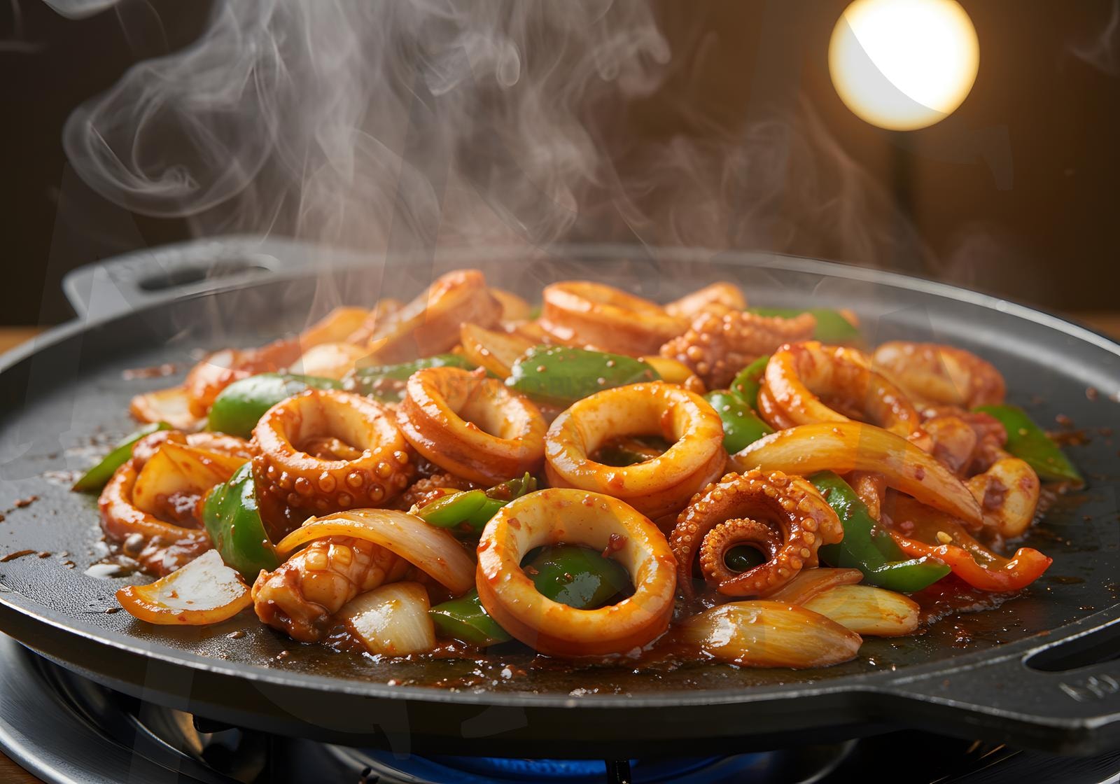 뜨거운 팬에 야채와 함께 볶은 한국식 매콤한 오징어 | 오징어, 해산물, 음식, 오징어 볶음, 볶음요리, 요리, 매운맛, 매콤한, 식사, 술안주, 맛있는, ai | 스탠바이 STANDBUY 디지털 콘텐츠