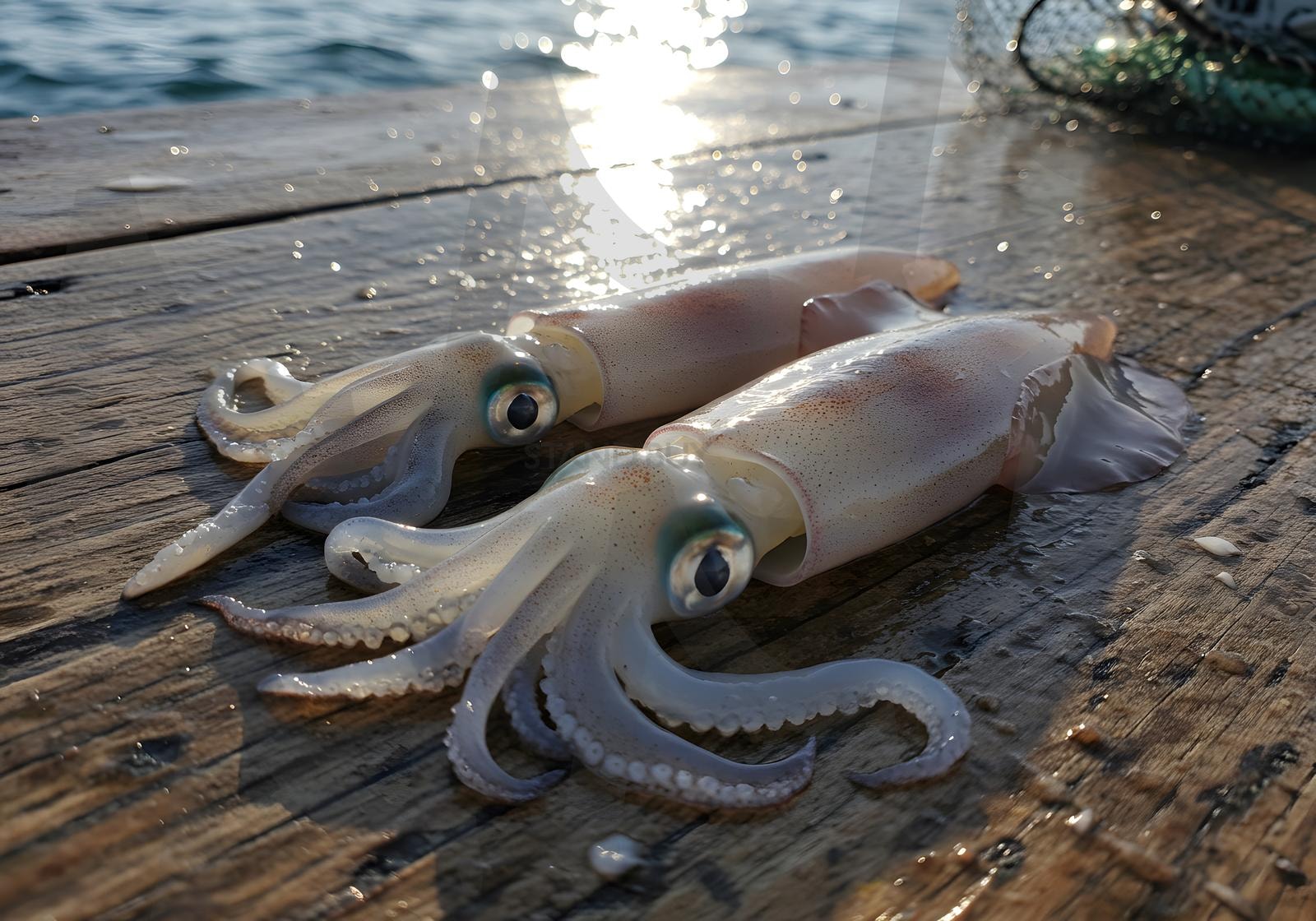 나무 도마 위에 깔끔하게 정돈된 오징어, 자연광 음식 사진 | 오징어, 해산물, 음식, 수산, 해양생물, 요리, 신선한, 바다, ai | 스탠바이 STANDBUY 디지털 콘텐츠