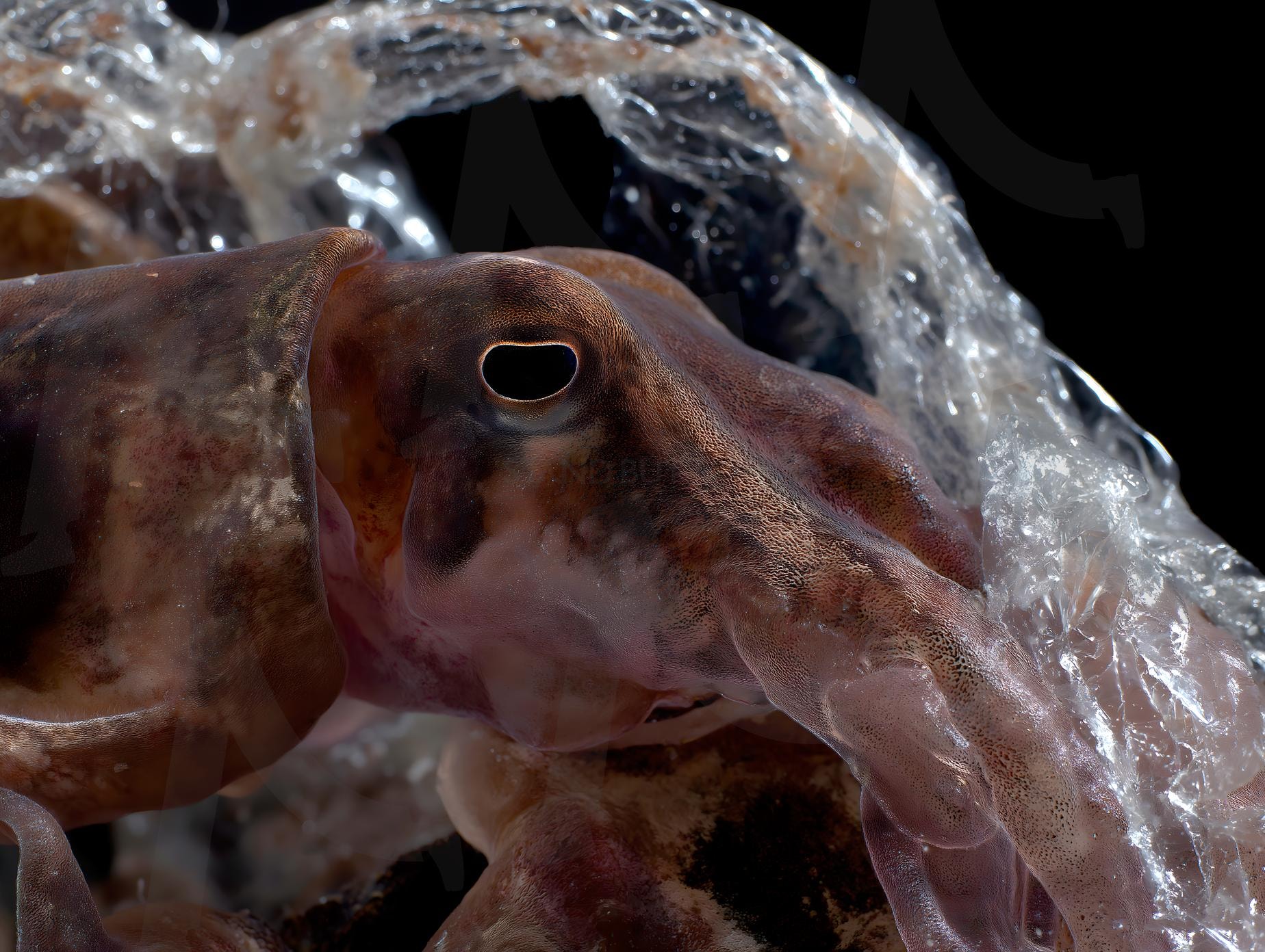 플라스틱 쓰레기에 얽힌 오징어, 오염된 바다 | 오징어, 해산물, 환경, 오염, 바다, 플라스틱, 쓰레기, 수중, 위험, 환경 오염, 비닐, ai | 스탠바이 STANDBUY 디지털 콘텐츠