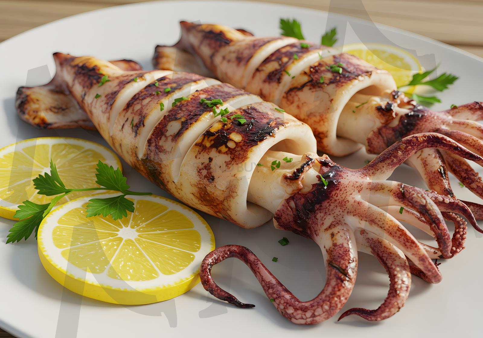 레몬과 허브를 곁들인 접시에 담긴 탄 자국이 있는 구운 오징어 | 오징어, 해산물, 음식, 요리, 구이, 오징어구이, 식사, 술안주, 통오징어, 오징어찜, ai | 스탠바이 STANDBUY 디지털 콘텐츠