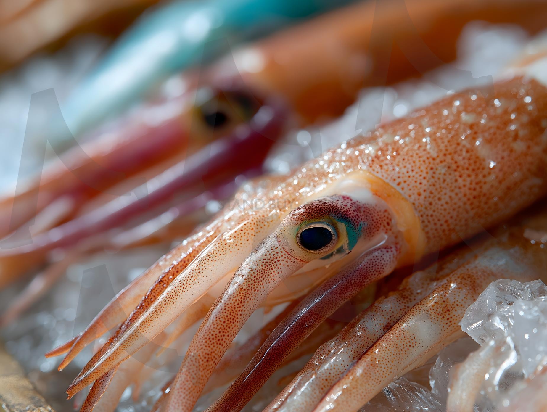 해산물 시장 진열대 얼음 위에 놓인 신선한 오징어 | 오징어, 해산물, 음식, 신선한, 날것, 얼음, 시장, 바다, 해양생물, 식품, 냉장보관, 회, 요리, ai | 스탠바이 STANDBUY 디지털 콘텐츠