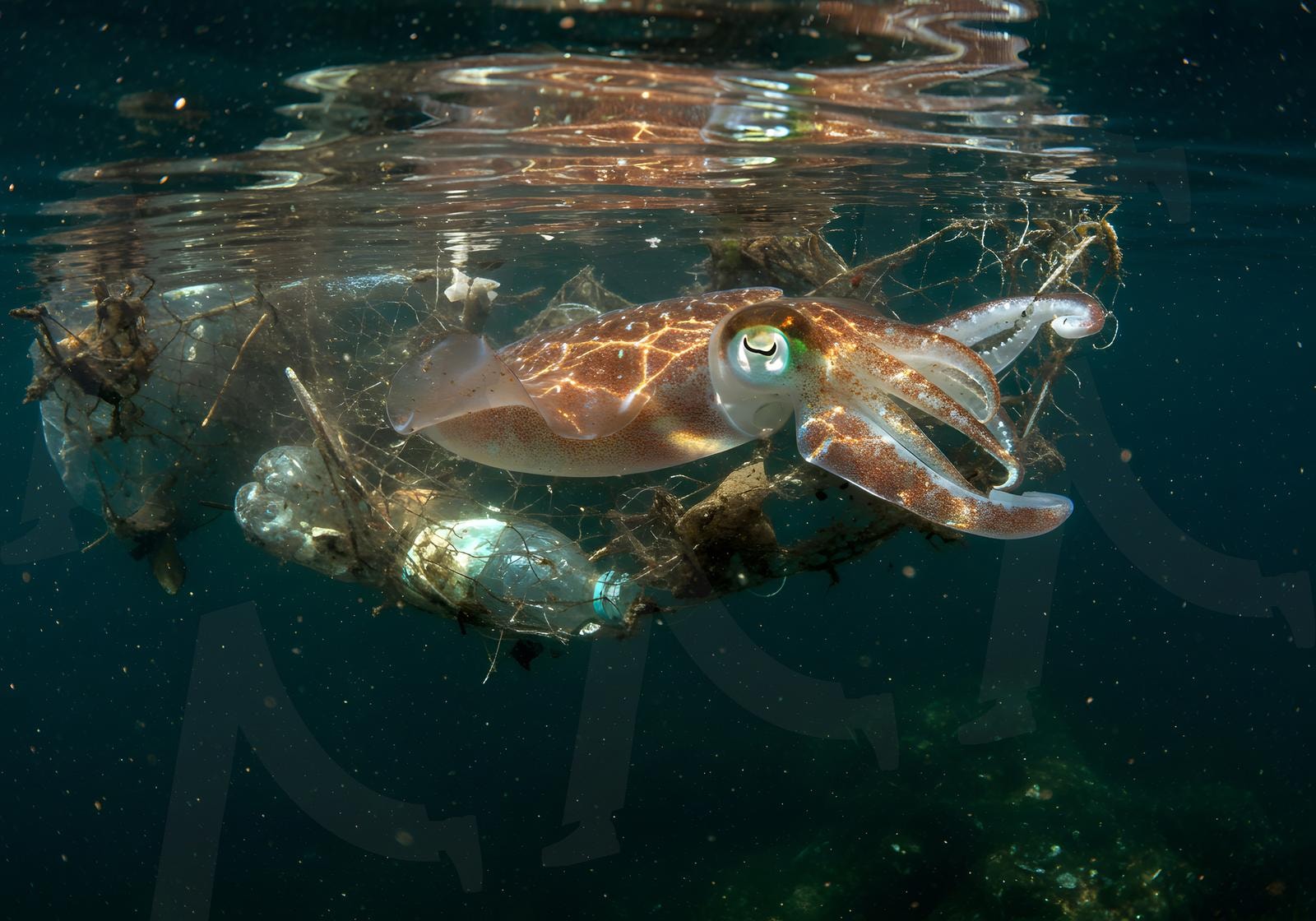 플라스틱 쓰레기에 얽힌 오징어, 오염된 바다, 어둡고 불안한 분위기 | 오징어, 해산물, 환경, 오염, 바다, 수중, 쓰레기, 플라스틱, 폐기물, 비닐, ai | 스탠바이 STANDBUY 디지털 콘텐츠