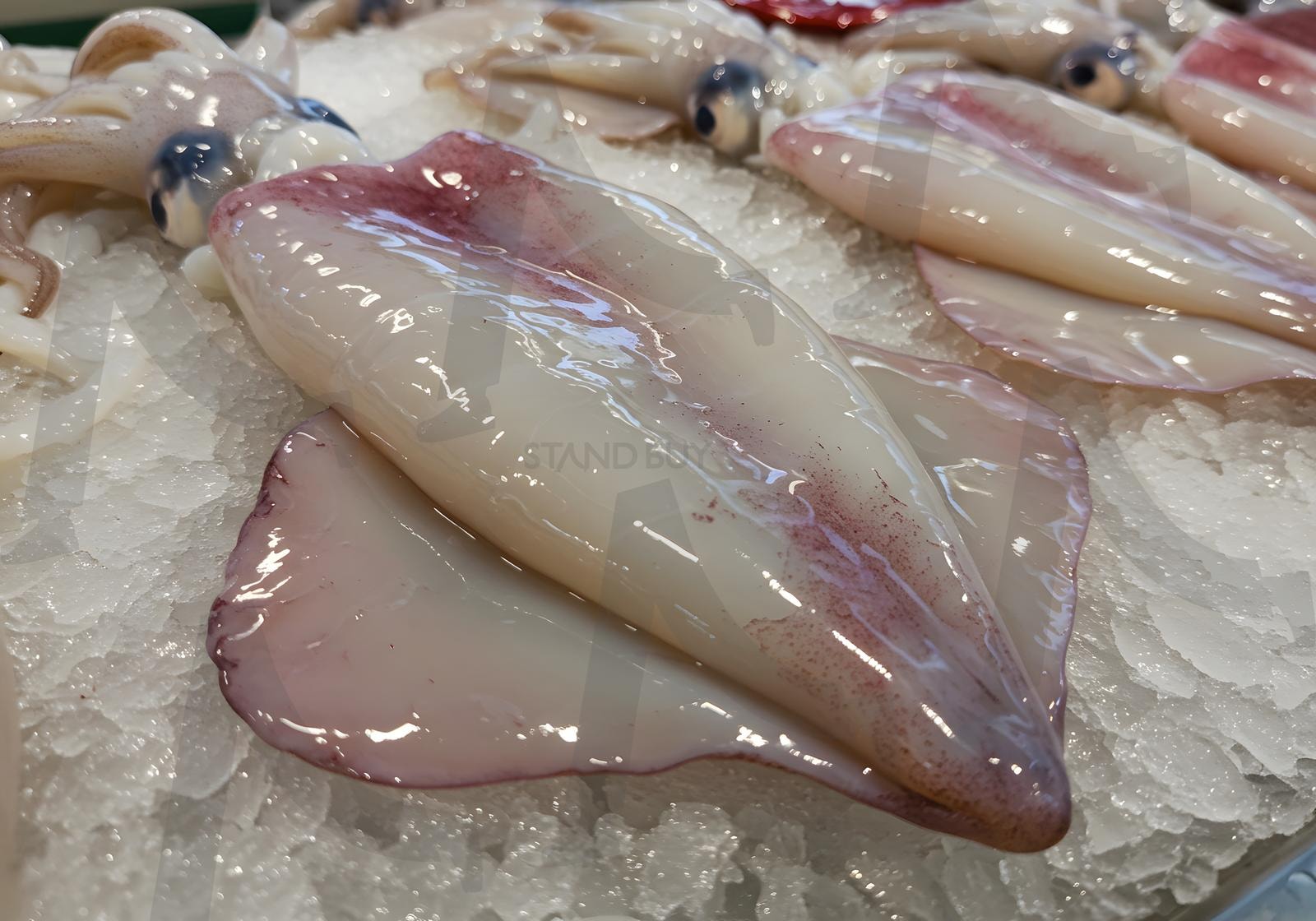 해산물 시장 진열대 얼음 위에 놓인 신선한 오징어 | 오징어, 해산물, 음식, 식품, 신선한, 날것, 회, 시장, 얼음, 바다, 해양 생물, 냉장보관, ai | 스탠바이 STANDBUY 디지털 콘텐츠