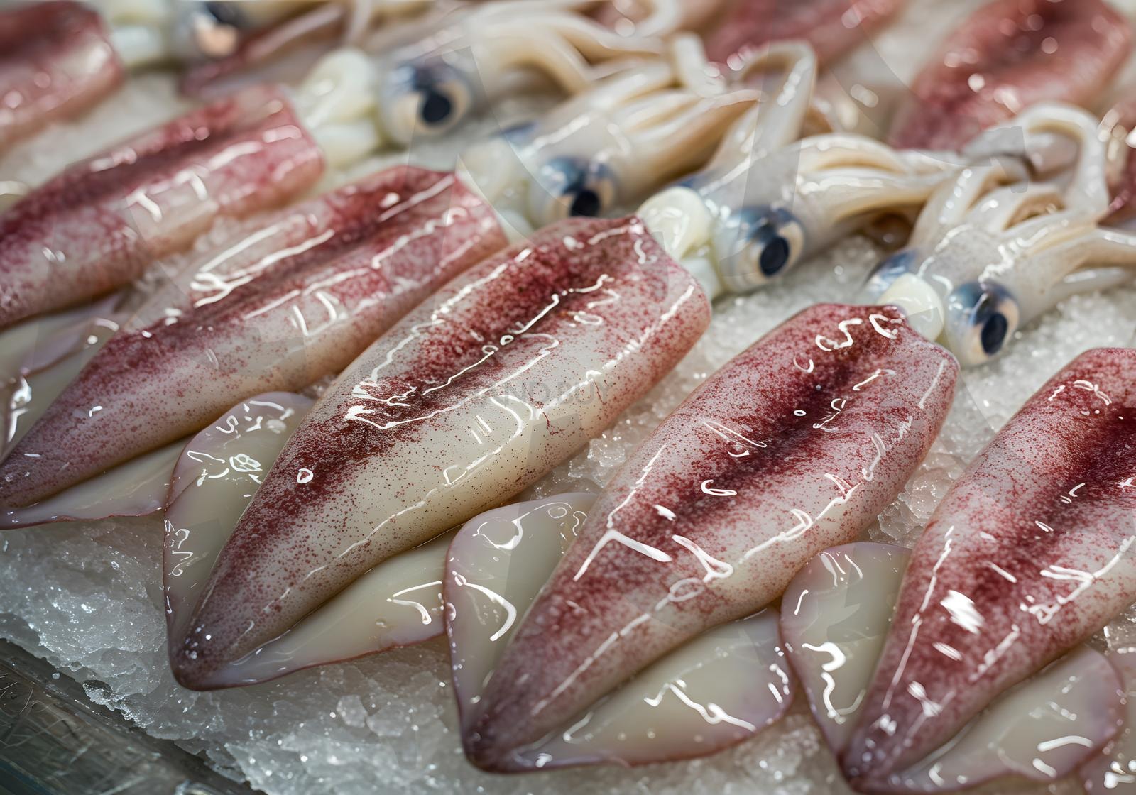 해산물 시장 진열대 얼음 위에 놓인 신선한 오징어 | 오징어, 해산물, 음식, 신선한, 날것', 얼음, 시장, 바다, 해양, 차가음, 해양 생물, 냉장 보관, 요리, ai | 스탠바이 STANDBUY 디지털 콘텐츠