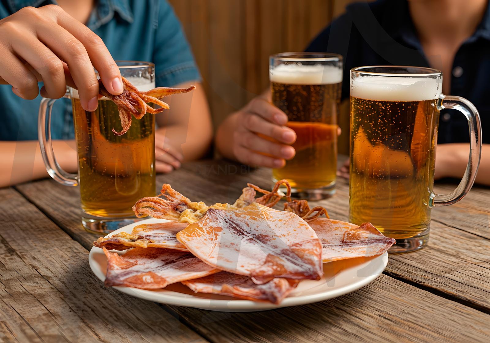 나무 테이블에 둘러앉아 오징어와 맥주를 나누는 친구들과의 따뜻한 모임 | 마른 오징어, 오징어, 해산물, 맥주, 술 모임, 술 안주, 간식, 모임, 음식, ai | 스탠바이 STANDBUY 디지털 콘텐츠