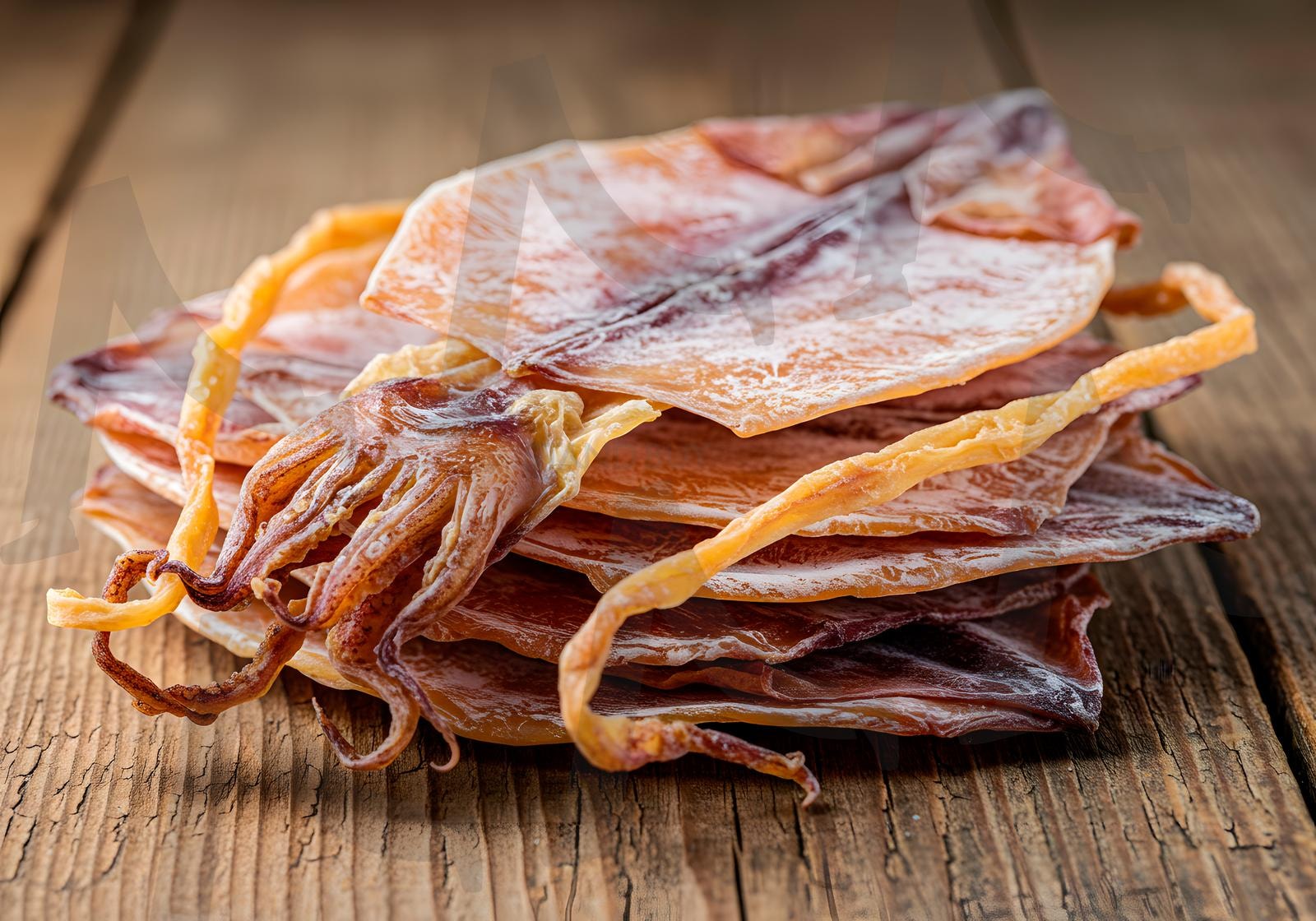 나무 테이블 위에 섬세한 질감을 가진 말린 오징어를 소박하게 클로즈업 | 오징어, 말린 오징어, 건조 오징어, 음식, 술 안주, 마른 안주, 해산물, 건조, 식품, 조리, ai | 스탠바이 STANDBUY 디지털 콘텐츠