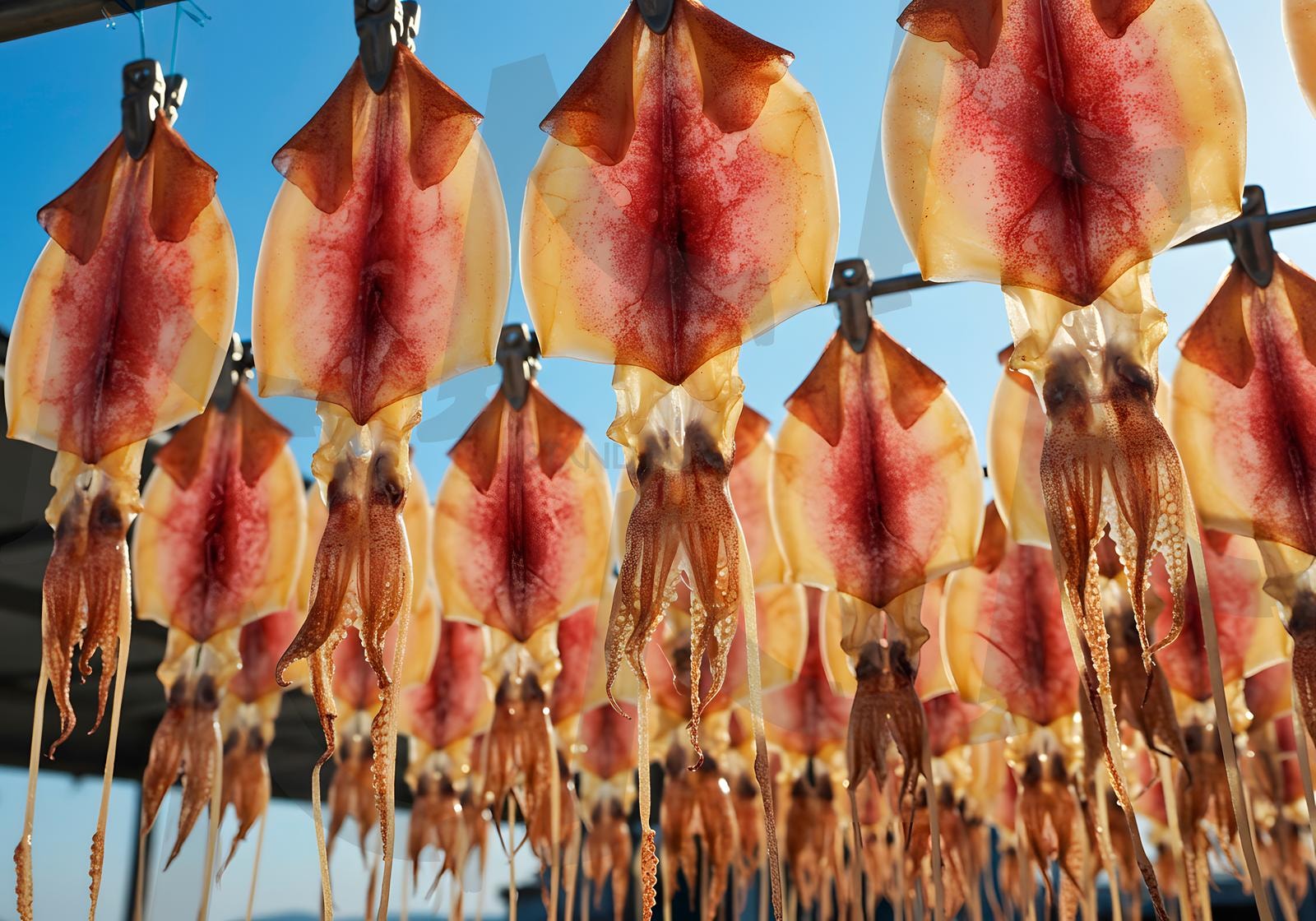 전통적인 야외 보관 방식으로 줄에 매달린 햇볕에 말린 오징어 | 오징어, 말린 오징어, 건조 오징어, 건조, 음식, 해산물, 식품, 바다, 조리, ai | 스탠바이 STANDBUY 디지털 콘텐츠