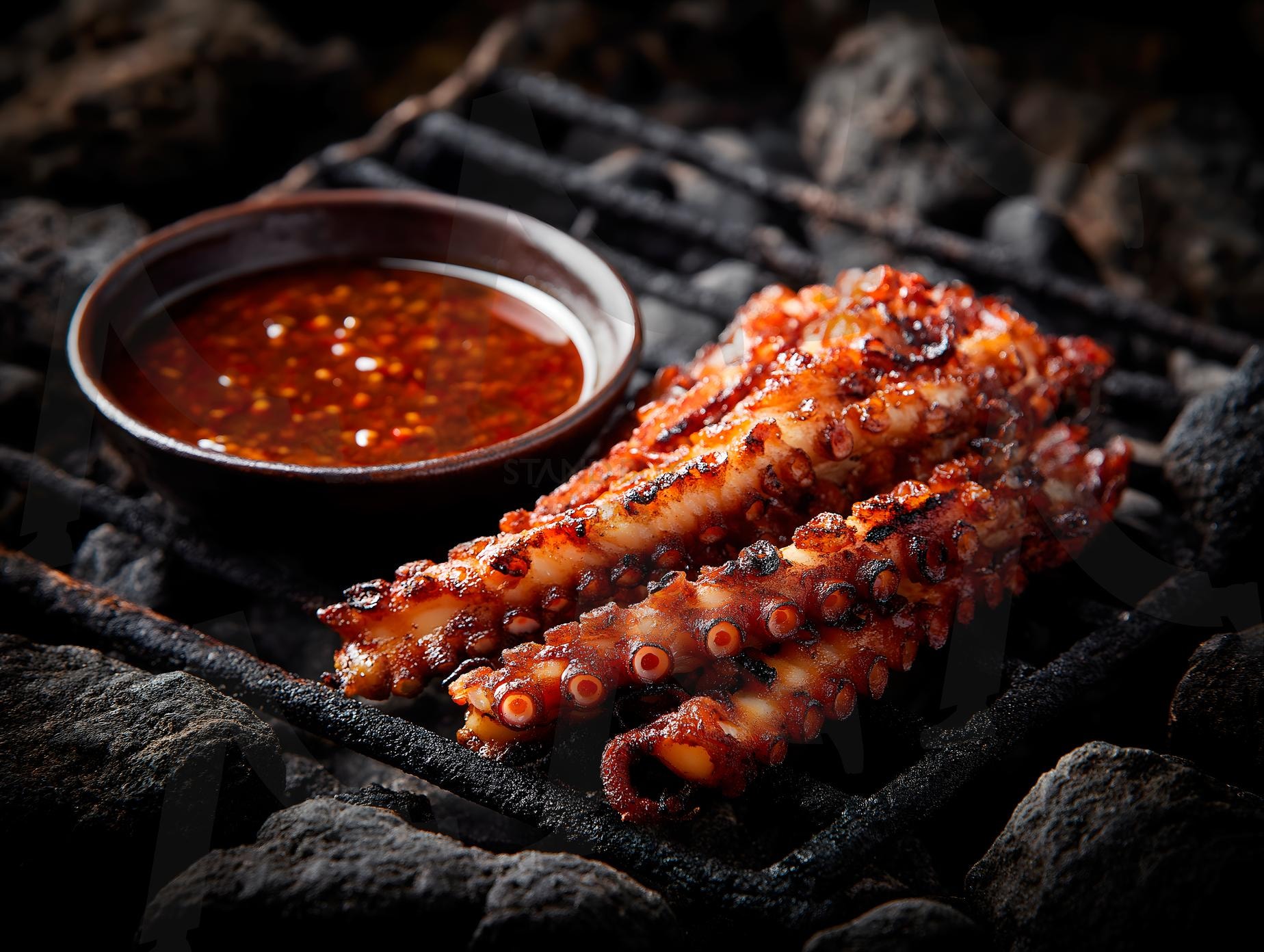 매콤한 소스를 곁들인 숯불구이 오징어, 가장자리를 살짝 그을린 특징 | 오징어, 마른 오징어, 오징어 구이, 고추장, 초 고추장, 음식, 해산물, 술 안주, 간식, ai | 스탠바이 STANDBUY 디지털 콘텐츠