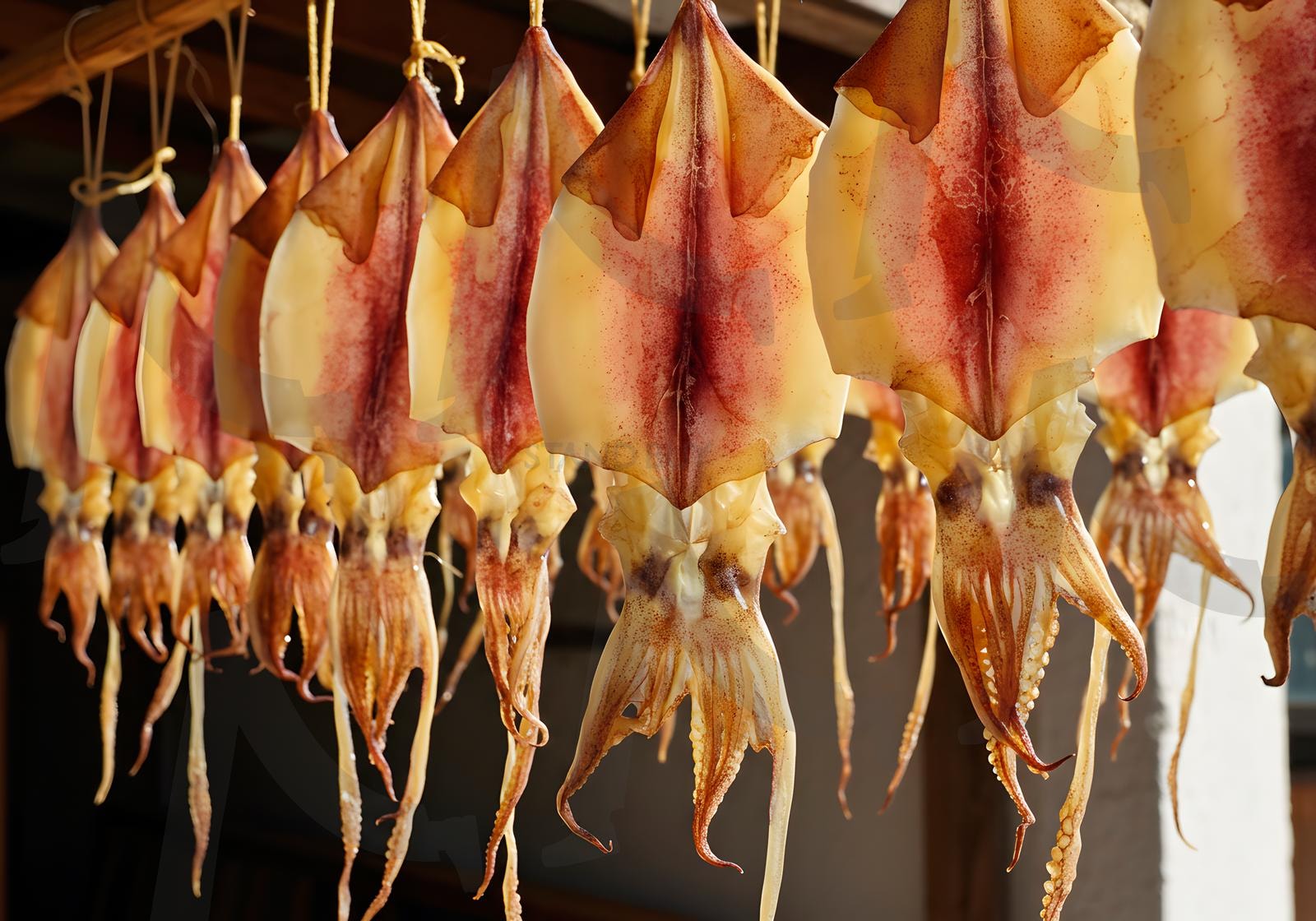 전통적인 야외 보관 방식으로 줄에 매달린 햇볕에 말린 오징어 | 오징어, 건조 오징어, 말린 오징어, 음식, 건조, 해산물, ai | 스탠바이 STANDBUY 디지털 콘텐츠