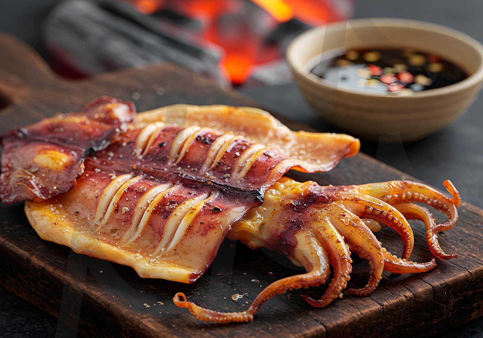 매콤한 소스를 곁들인 숯불구이 오징어, 가장자리를 살짝 그을린 특징 | 오징어, 말린 오징어, 건조 오징어, 마른 오징어, 오징어 구이, 고추장, 매콤 소스, 해산물, 술 안주, 음식, ai | 스탠바이 STANDBUY 디지털 콘텐츠