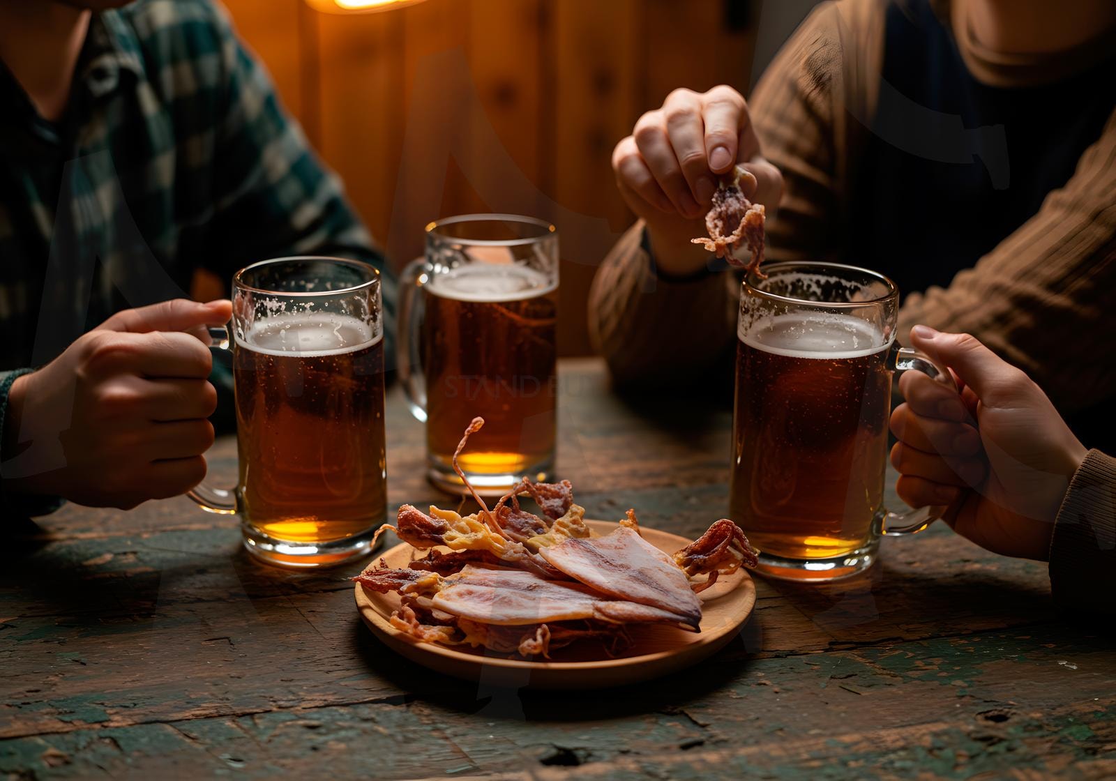 나무 테이블에 둘러앉아 오징어와 맥주를 나누는 친구들과의 따뜻한 모임 | 마른 오징어, 오징어, 음식, 건조, 해산물, 맥주, 음료, 간식, 술 안주, ai | 스탠바이 STANDBUY 디지털 콘텐츠