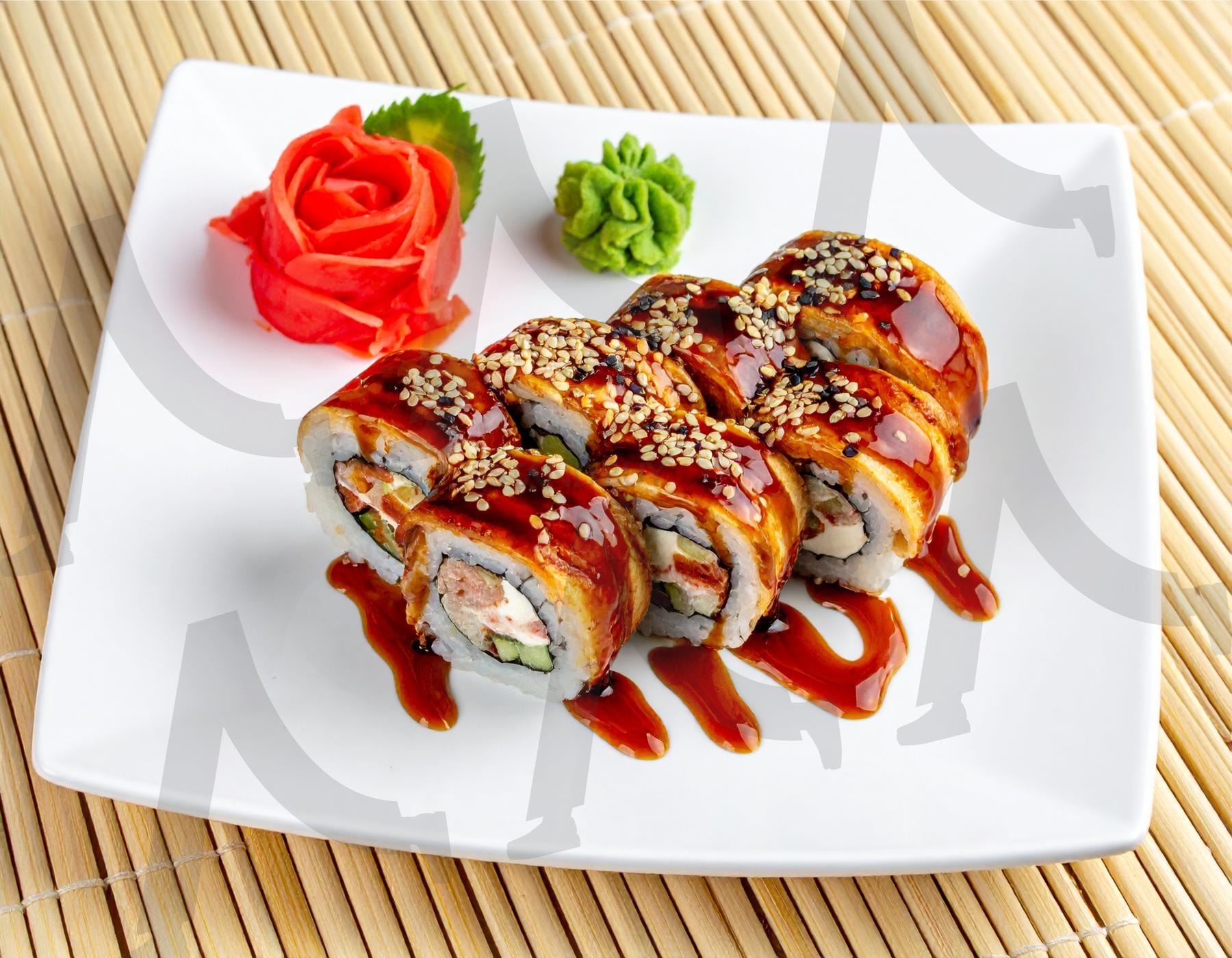 California roll sushi | Delicious California roll sushi with sesame seeds, teriyaki sauce, fresh garnish on a white plate, Perfect for Japanese cuisine, restaurant menus, and Asian food promotions, ai | 스탠바이 STANDBUY 디지털 콘텐츠