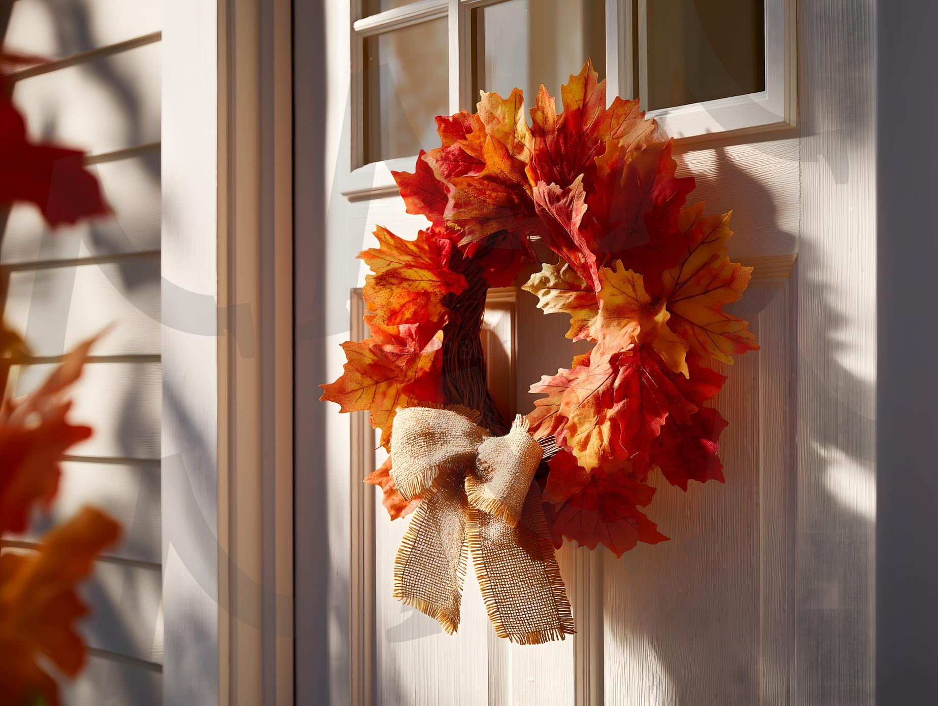 햇살 가득한 현관문에 걸린 삼베 리본으로 장식된 가을 단풍 화환 | 추수감사절, 가을, 장식, 기념일, 화환, 단풍잎, 계절, 햇살, 가족, 현관, ai | 스탠바이 STANDBUY 디지털 콘텐츠