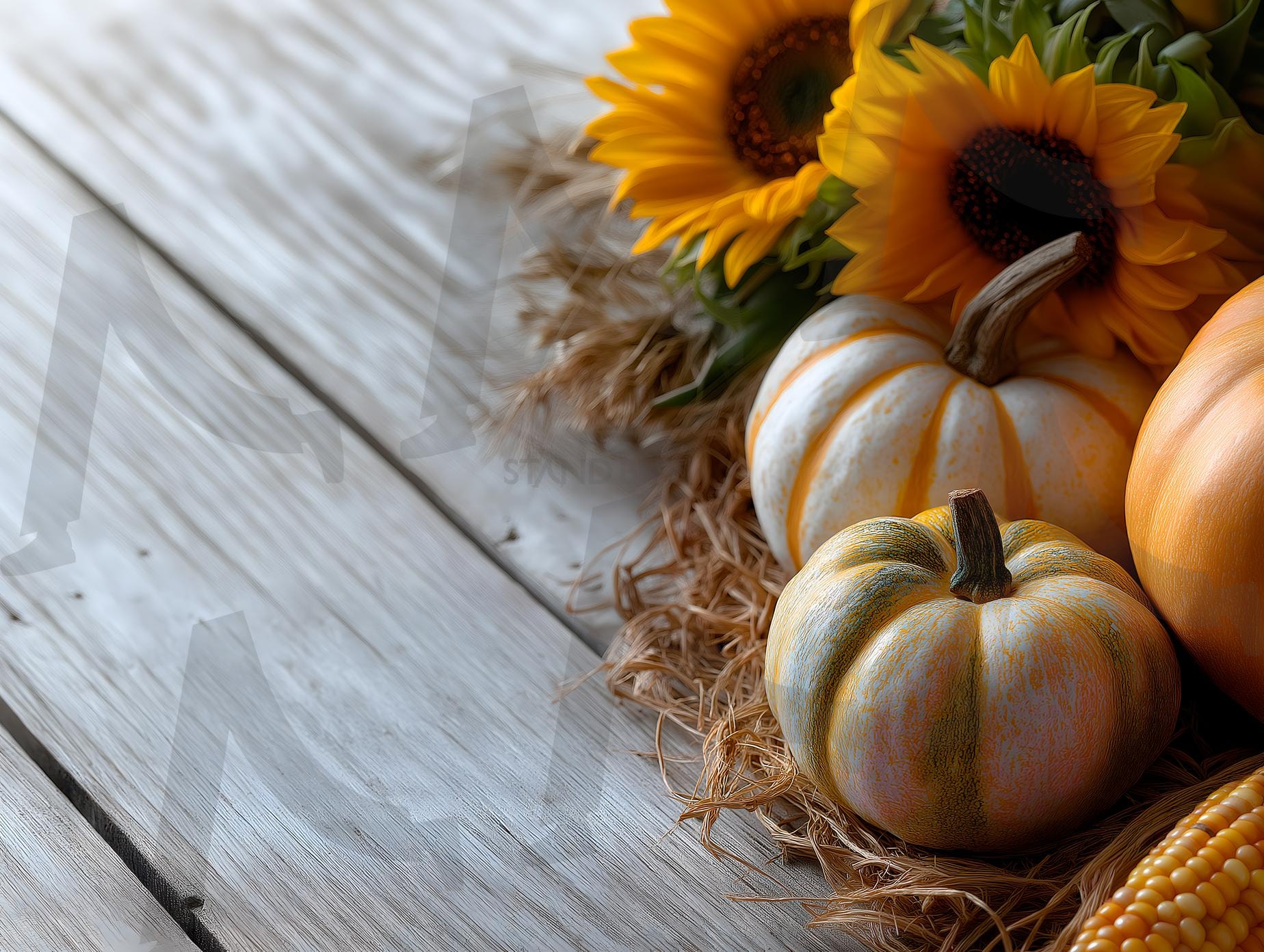 추수감사절 플랫레이: 나무 배경 위 호박, 해바라기, 옥수수, 짚 | 추수감사절, 장식, 기념일, 가을, 플랫레이, 야채, 채소, 꽃, 과일, 인테리어, 농작물, ai | 스탠바이 STANDBUY 디지털 콘텐츠