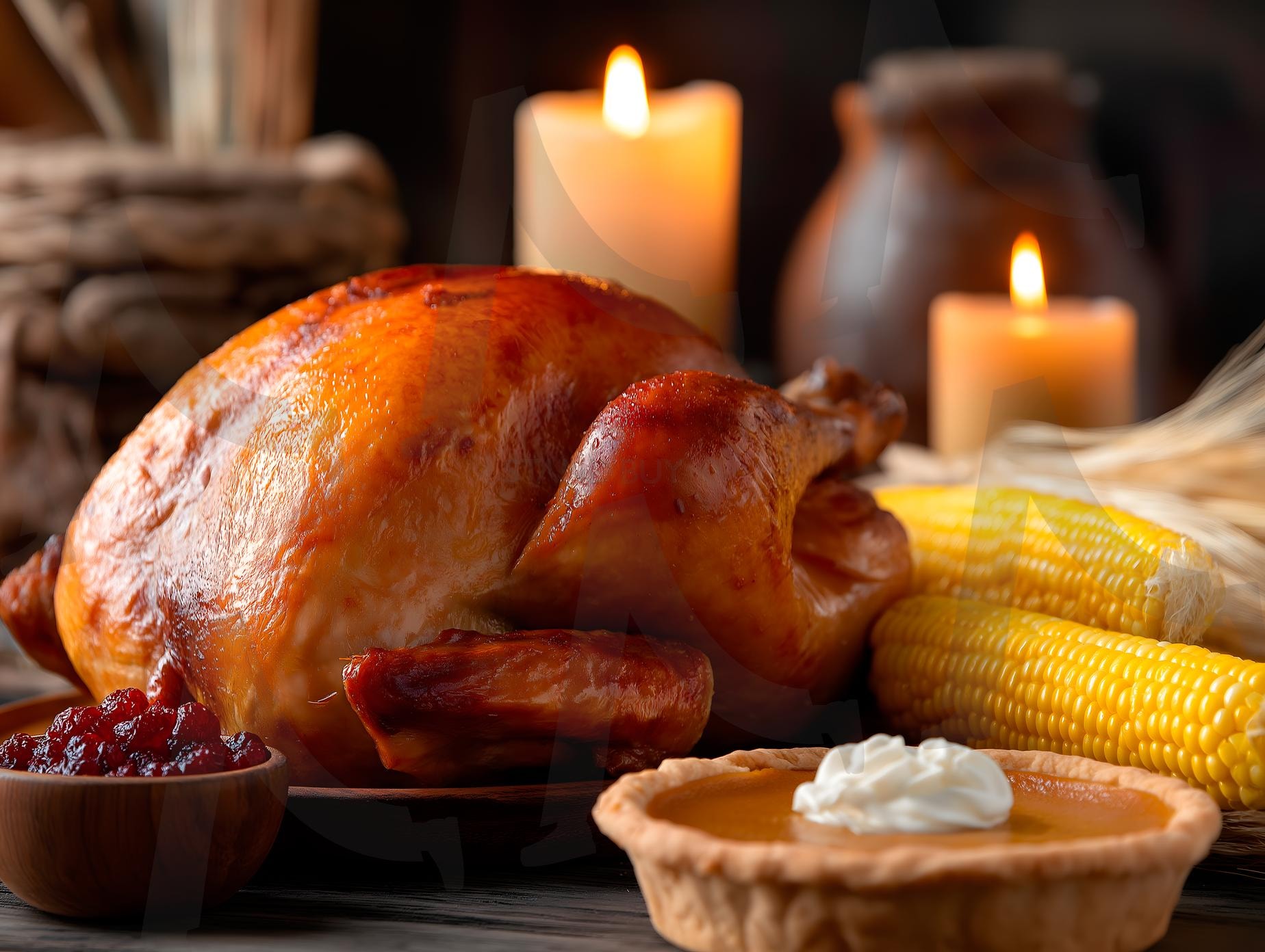 황금빛 칠면조, 호박 파이, 옥수수, 크랜베리 소스를 곁들인 소박한 추수감사절 만찬 | 추수감사절, 음식, 기념일, 가을, 칠면조, 옥수수, 호박 파이, 잔치, 식사, 가족, 축제, 전통, ai | 스탠바이 STANDBUY 디지털 콘텐츠