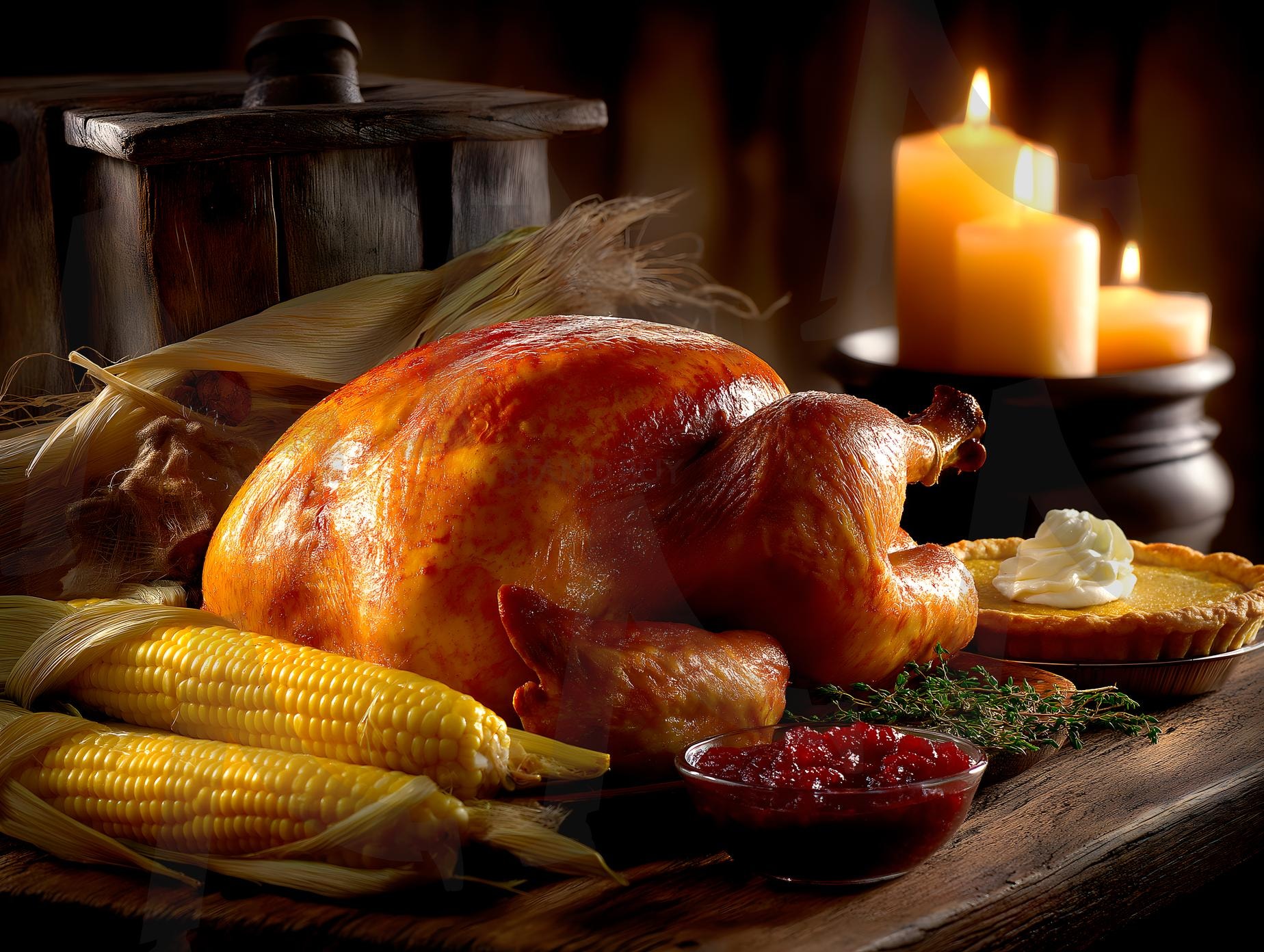 황금빛 칠면조, 호박 파이, 옥수수, 크랜베리 소스를 곁들인 소박한 추수감사절 만찬 | 추수감사절, 음식, 기념일, 가을, 칠면조, 옥수수, 호박 파이, 가족, 축제, 휴일, 전통, 식사, 맛있는, ai | 스탠바이 STANDBUY 디지털 콘텐츠