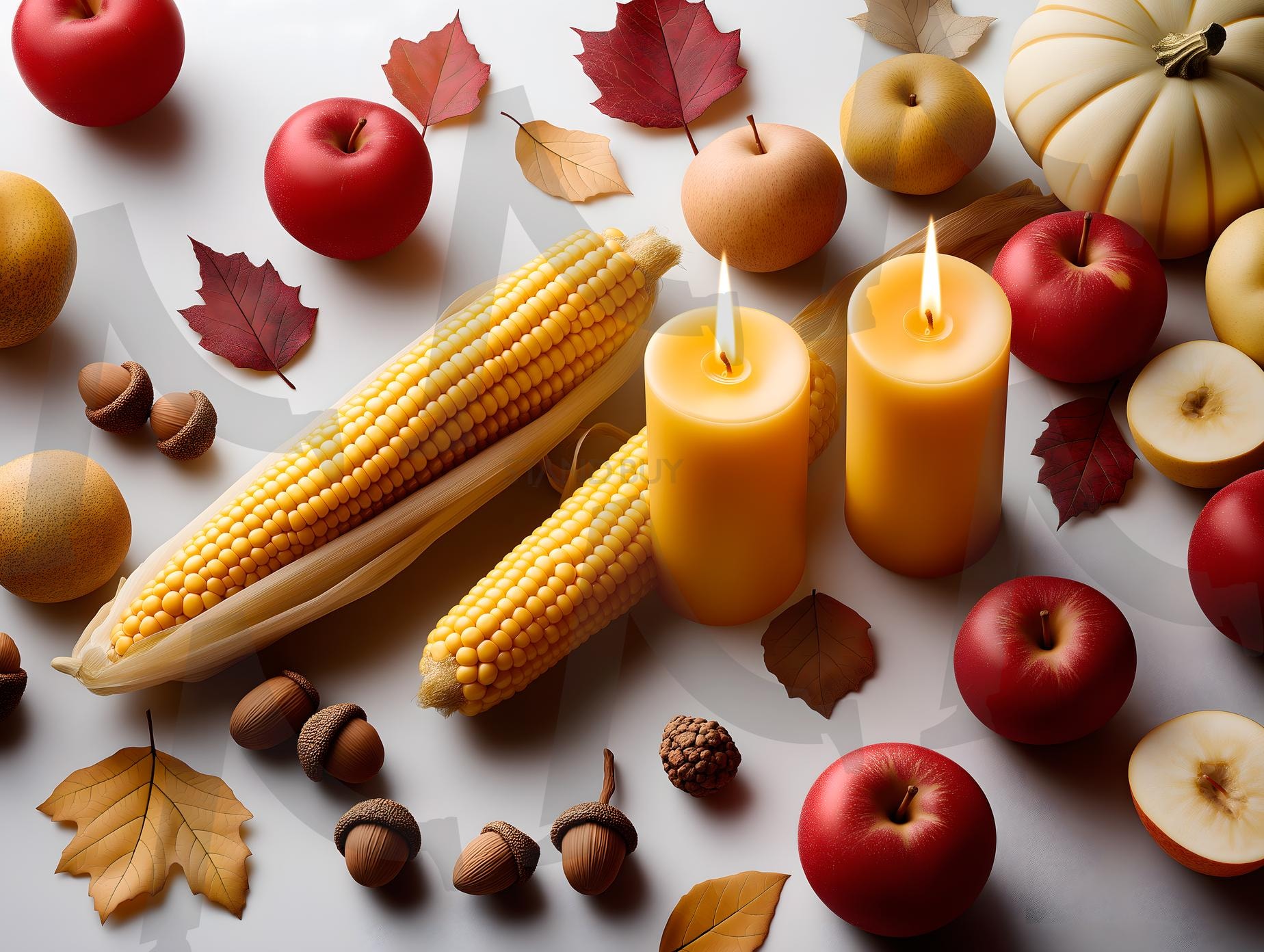 추수감사절 플랫레이: 흰색 배경의 조롱박, 옥수수, 캔들, 도토리, 사과 | 추수감사절, 음식, 기념일, 가을, 플랫레이, 양초, 캔들, 과일, 추수, 계절, 축제, 장식, ai | 스탠바이 STANDBUY 디지털 콘텐츠