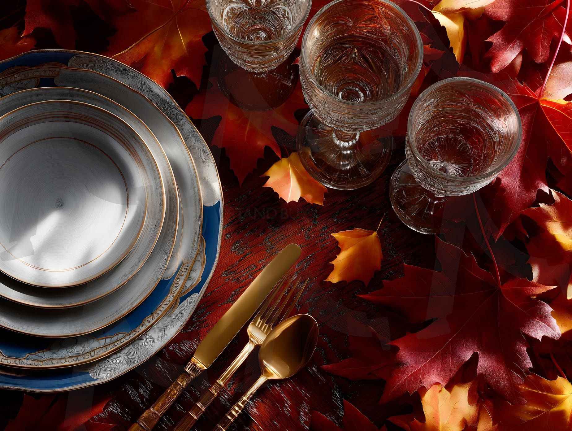 고급 도자기, 황금빛 식기, 단풍잎 장식으로 꾸민 고급스러운 추수감사절 테이블 | 추수감사절, 음식, 기념일, 가을, 단풍잎, 고급 도자기, 고급스러움, 장식, 명절, 가족, 풍부함, 축제, ai | 스탠바이 STANDBUY 디지털 콘텐츠